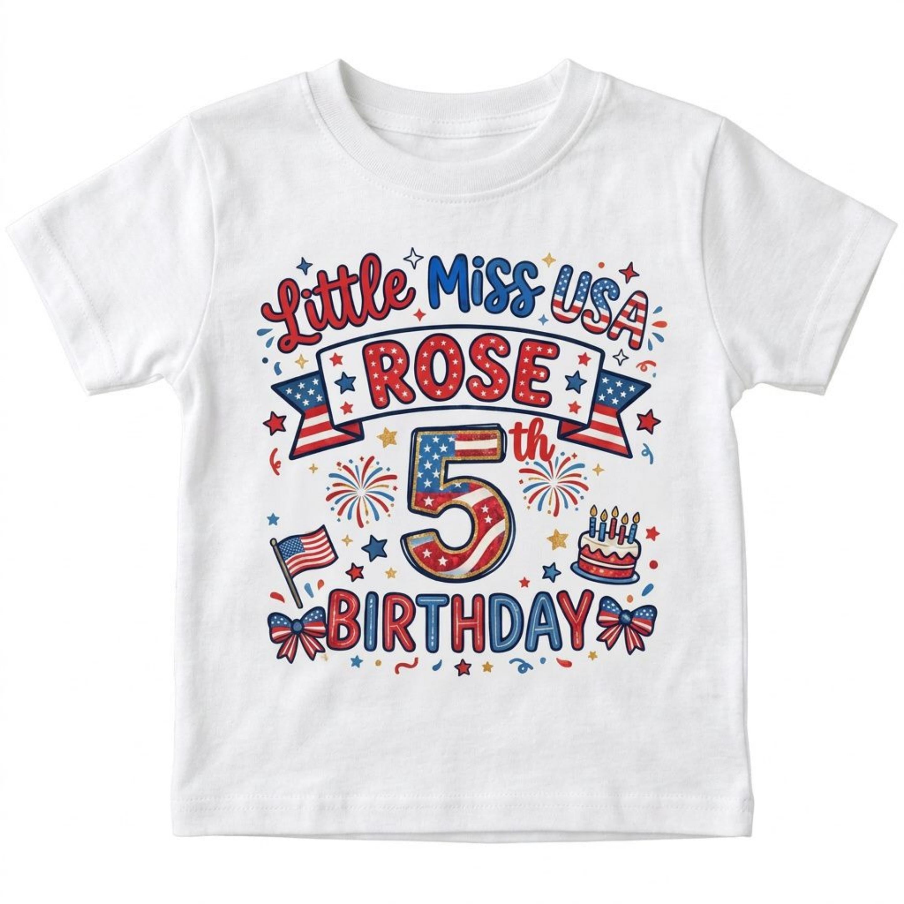 Custom Little Miss USA 5th Birthday T-Shirt, Personalized Name Tee, US Flag Design