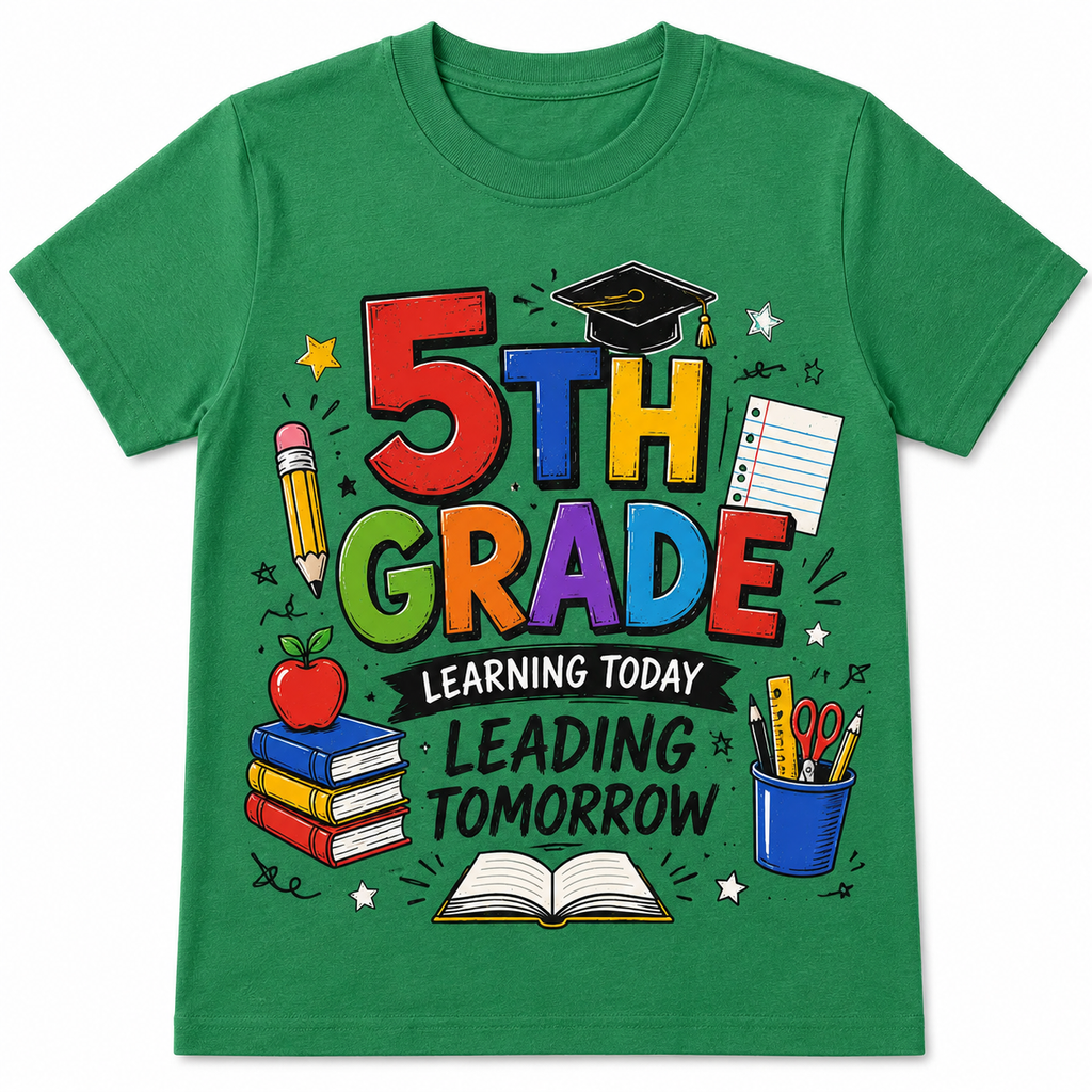 5th Grade Learning Today Leading Tomorrow Kids Tee, Back to school shirt for boys and girls
