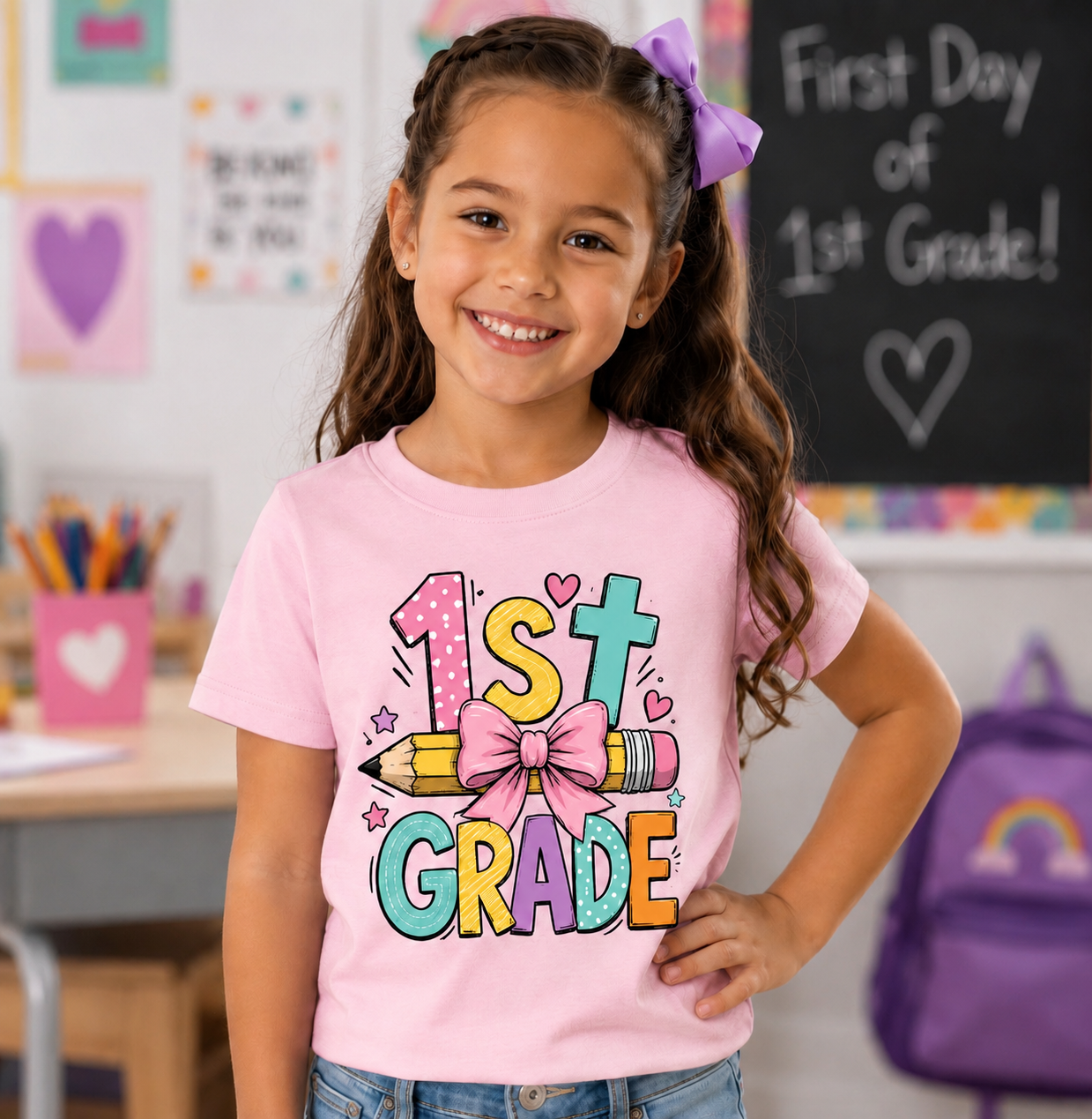 First Grade Bow Pencil Kids Tee, Back to school outfit for girls