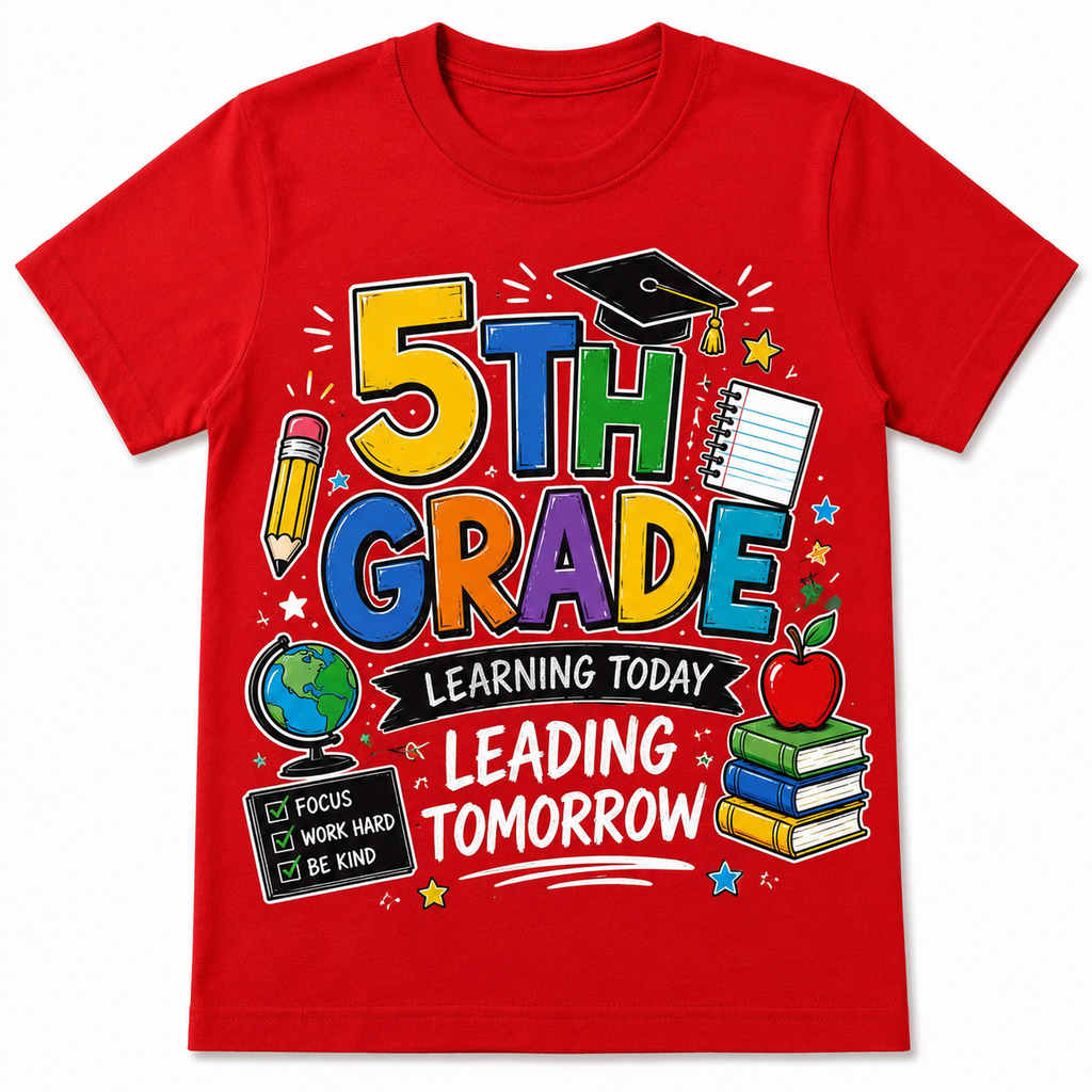 5th Grade Learning Today Leading Tomorrow Kids Tee, Back to school shirt for boys and girls