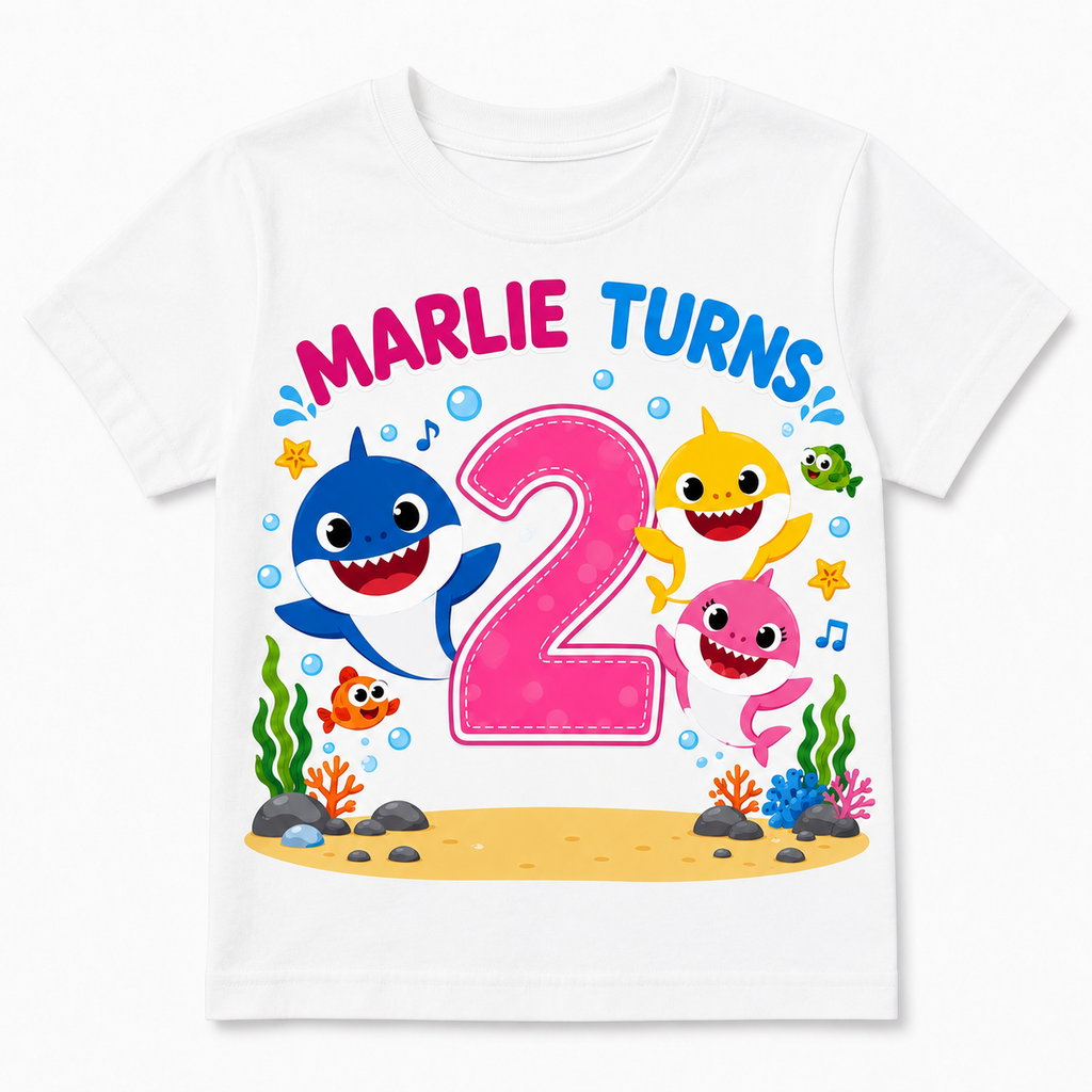 Personalized Shark theme party Birthday T-Shirt – Custom Name & Age Kids Tee in Boy style and Girl style
