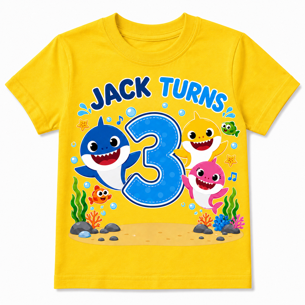 Personalized Shark theme party Birthday T-Shirt – Custom Name & Age Kids Tee in Boy style and Girl style
