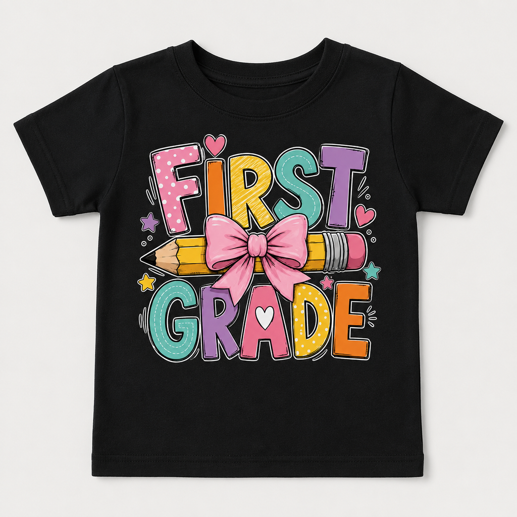 First Grade Bow Pencil Kids Tee, Back to school outfit for girls