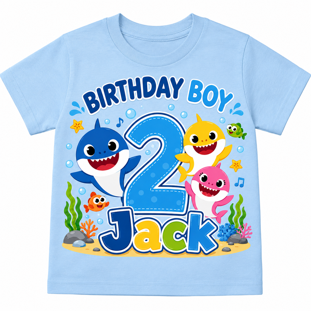 Personalized Shark theme party Birthday T-Shirt – Custom Name & Age Kids Tee in Boy style and Girl style
