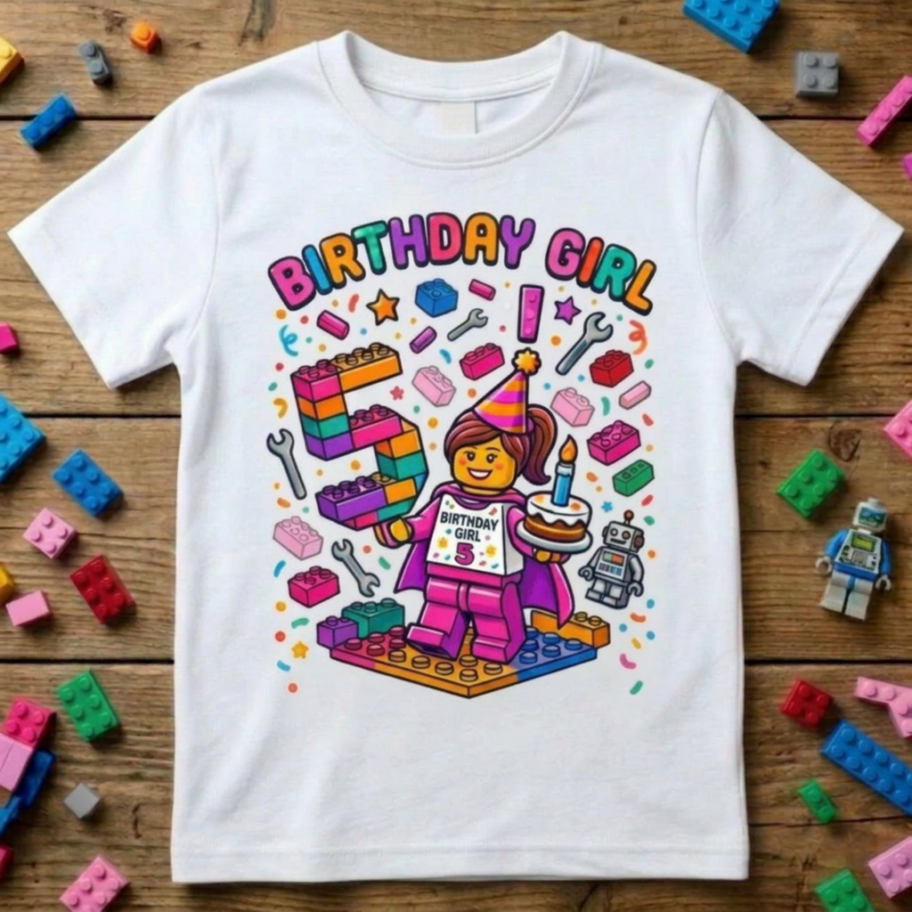Custom Blocks Builder Birthday Girl Shirt, Personalized Name & Age Pink Robot Tee