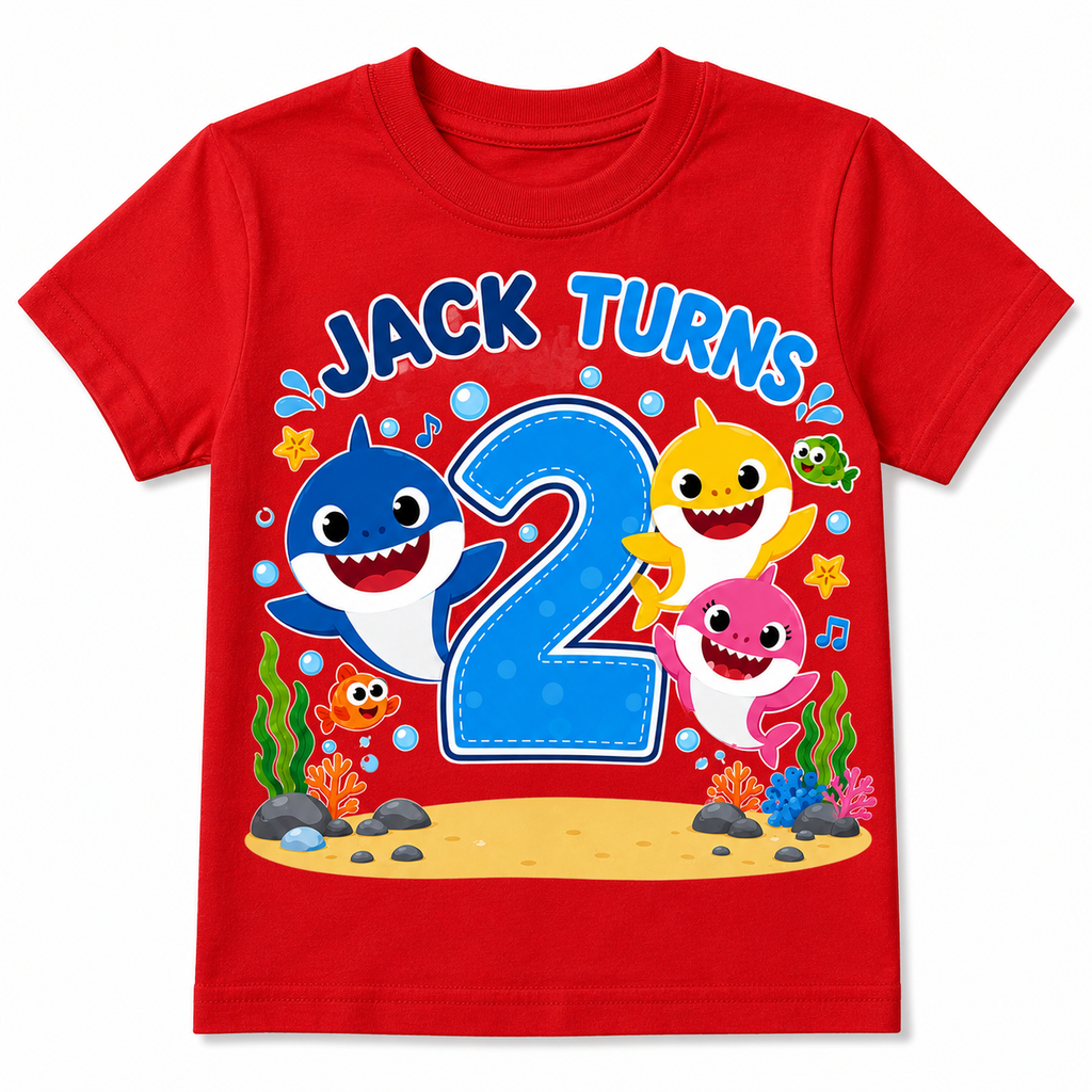 Personalized Shark theme party Birthday T-Shirt – Custom Name & Age Kids Tee in Boy style and Girl style