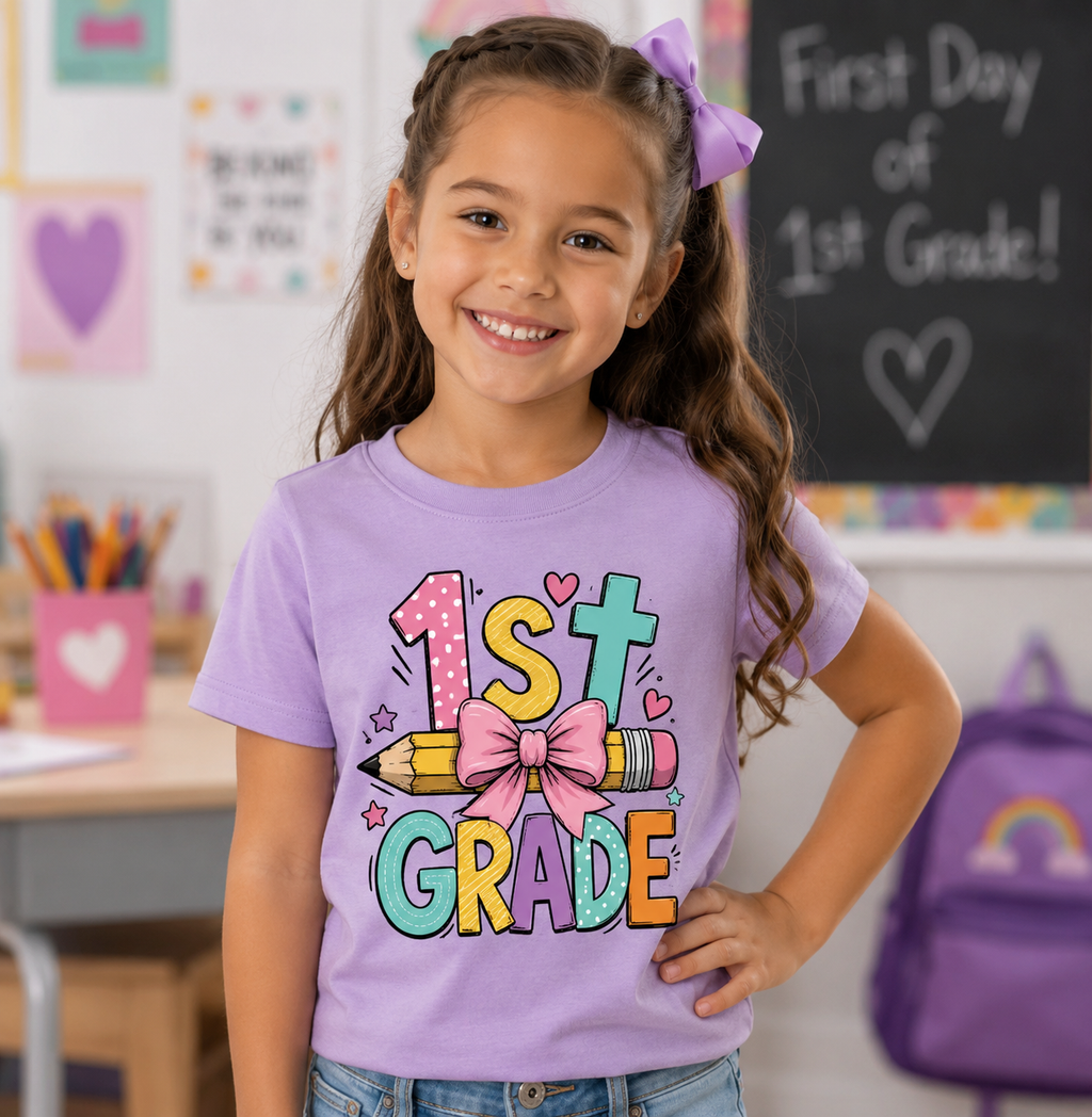 First Grade Bow Pencil Kids Tee, Back to school outfit for girls