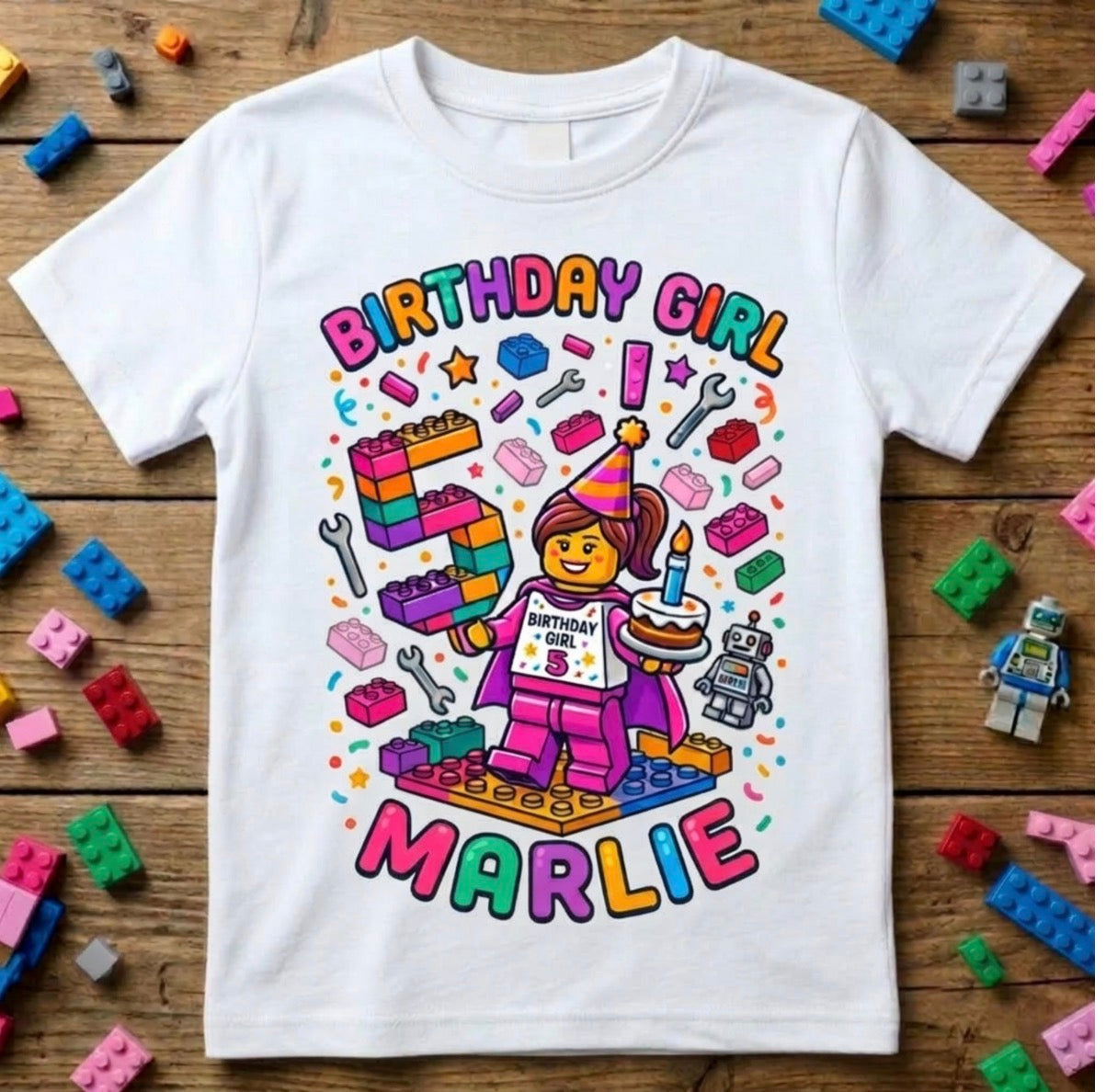 Custom Blocks Builder Birthday Girl Shirt, Personalized Name & Age Pink Robot Tee