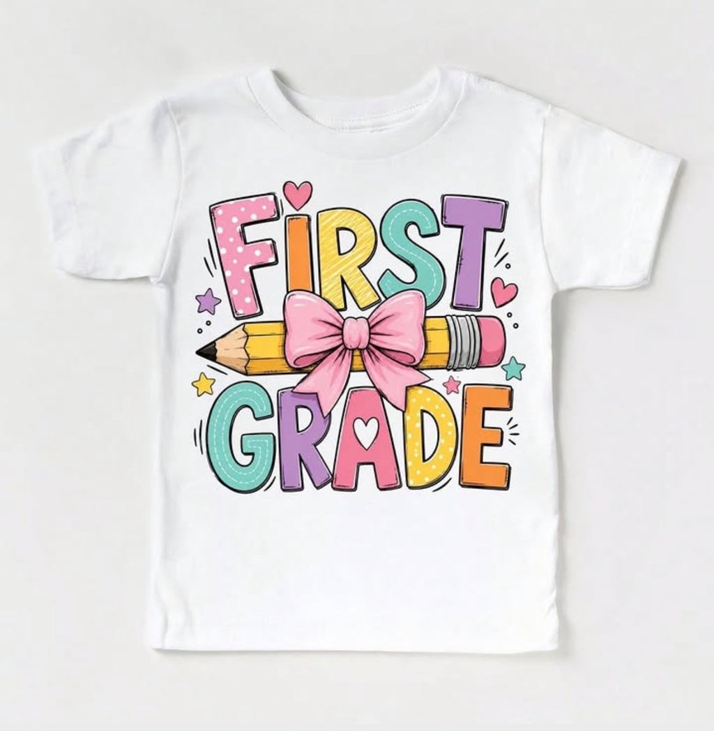 First Grade Bow Pencil Kids Tee, Back to school outfit for girls