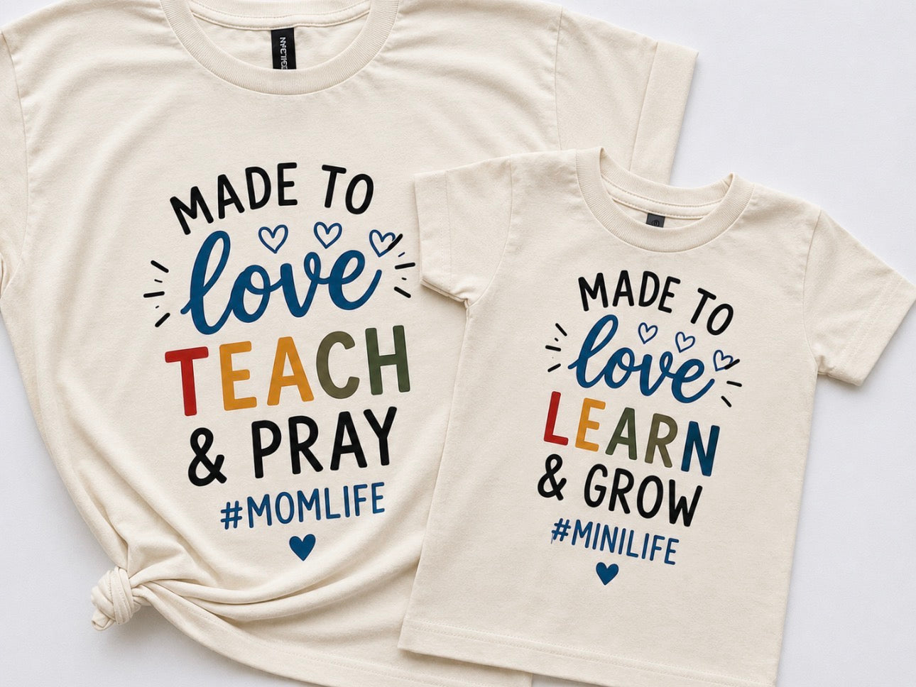 Family Matching Mom & Mini Shirts Sets - Made to Love, Teach & Pray #MomLife Christian- Made to love Learn & Grow #MiniLife