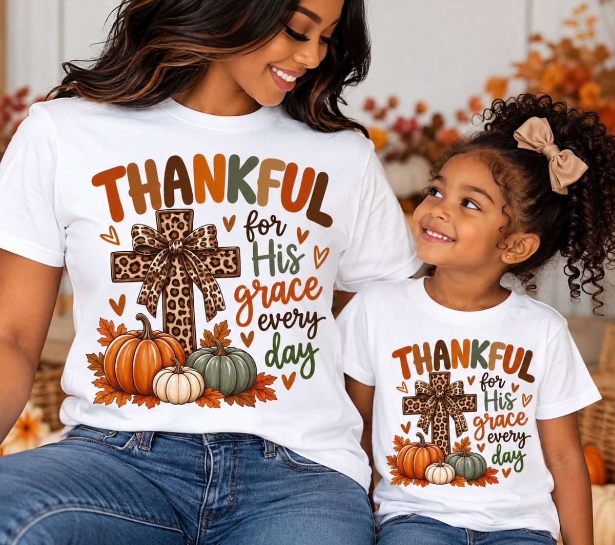 Thankful for His Grace Every Day Mommy & Me Thanksgiving Unisex T-Shirt set