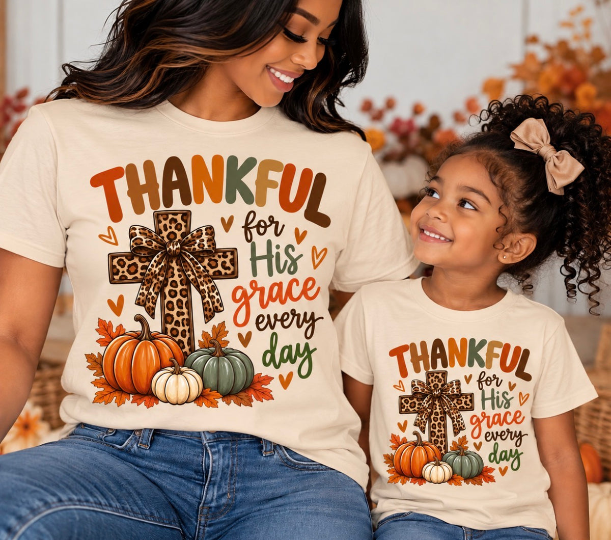 Thankful for His Grace Every Day Mommy & Me Thanksgiving Unisex T-Shirt set