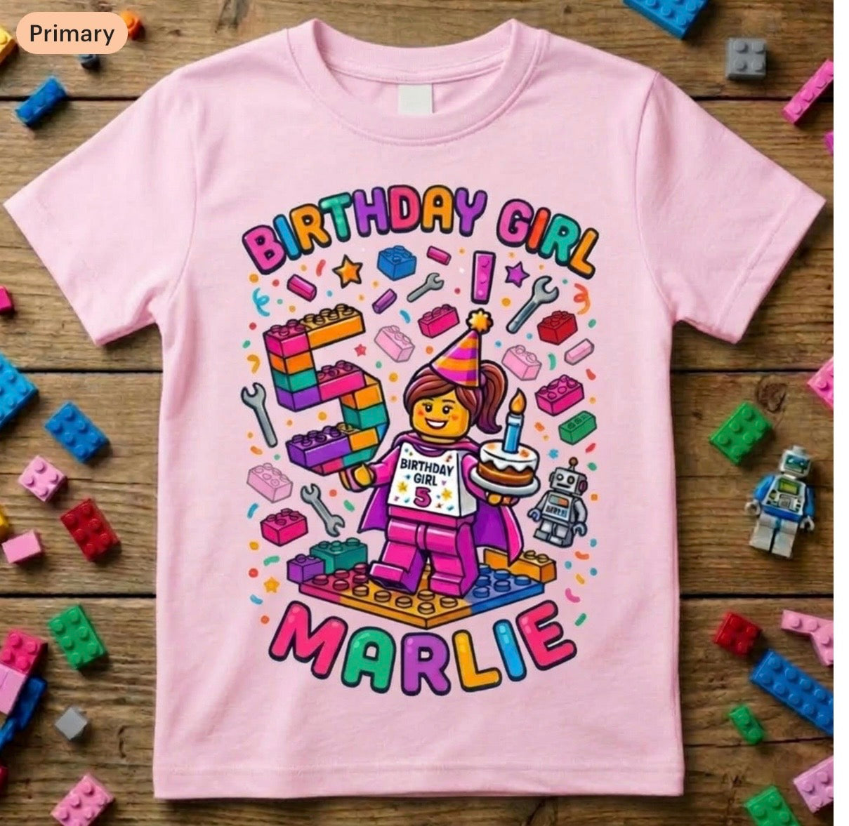 Custom Blocks Builder Birthday Girl Shirt, Personalized Name & Age Pink Robot Tee