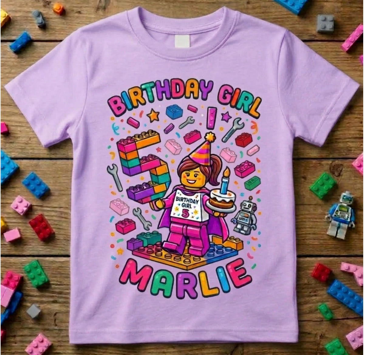 Custom Blocks Builder Birthday Girl Shirt, Personalized Name & Age Pink Robot Tee