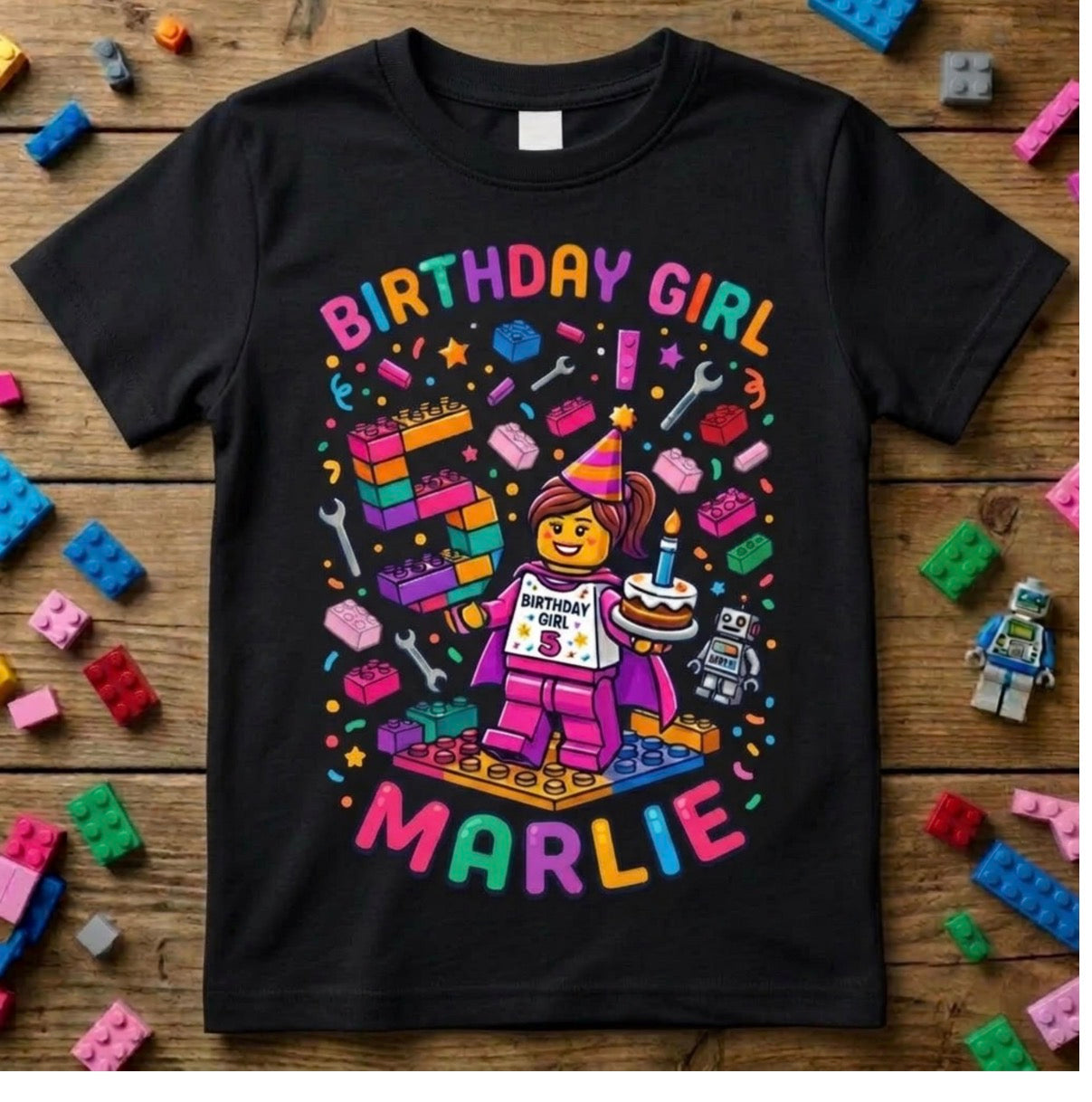 Custom Blocks Builder Birthday Girl Shirt, Personalized Name & Age Pink Robot Tee