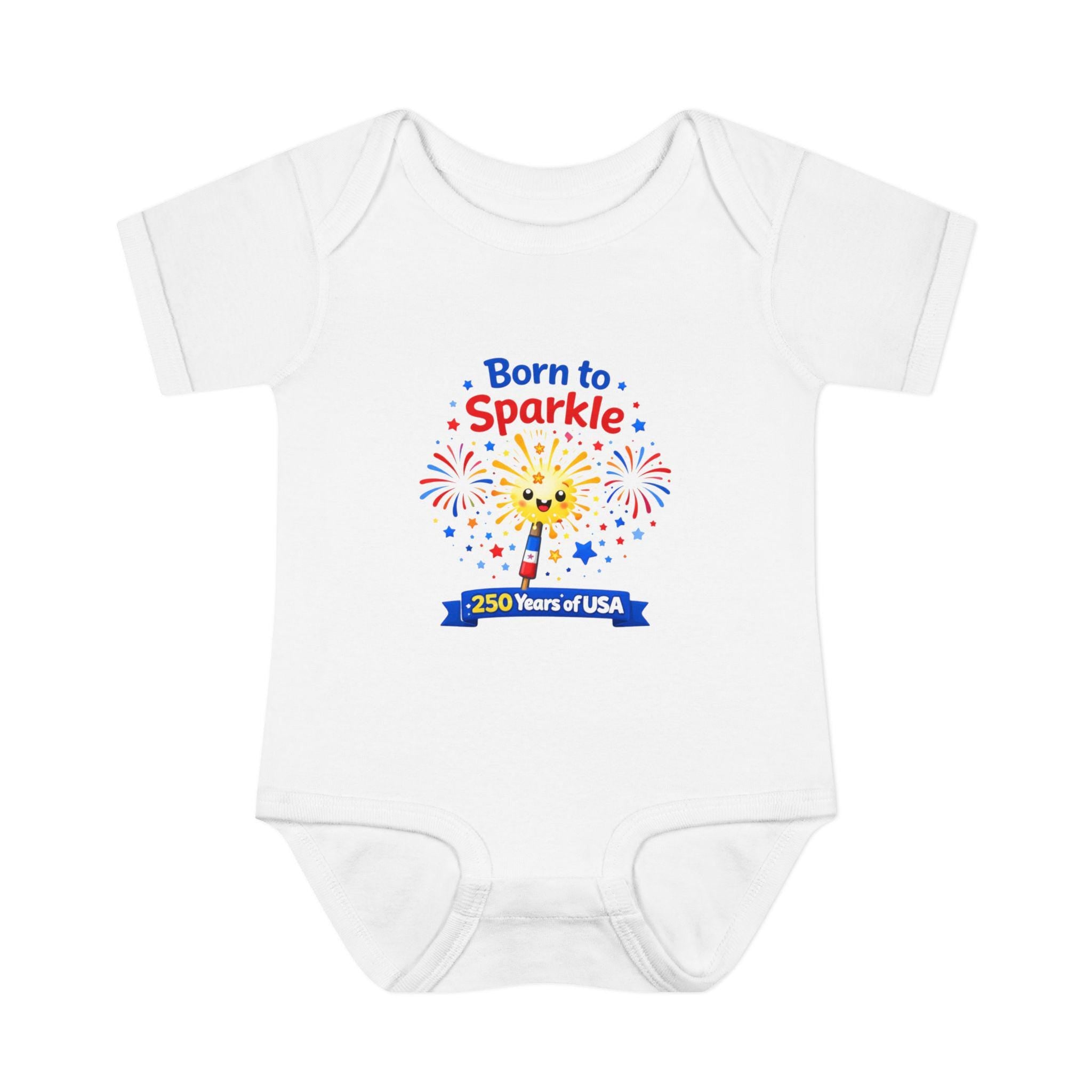 May include: White baby bodysuit with a graphic that says "Born to Sparkle" with a sun and fireworks design. The design also includes the text "250 Years of USA" on a blue banner.