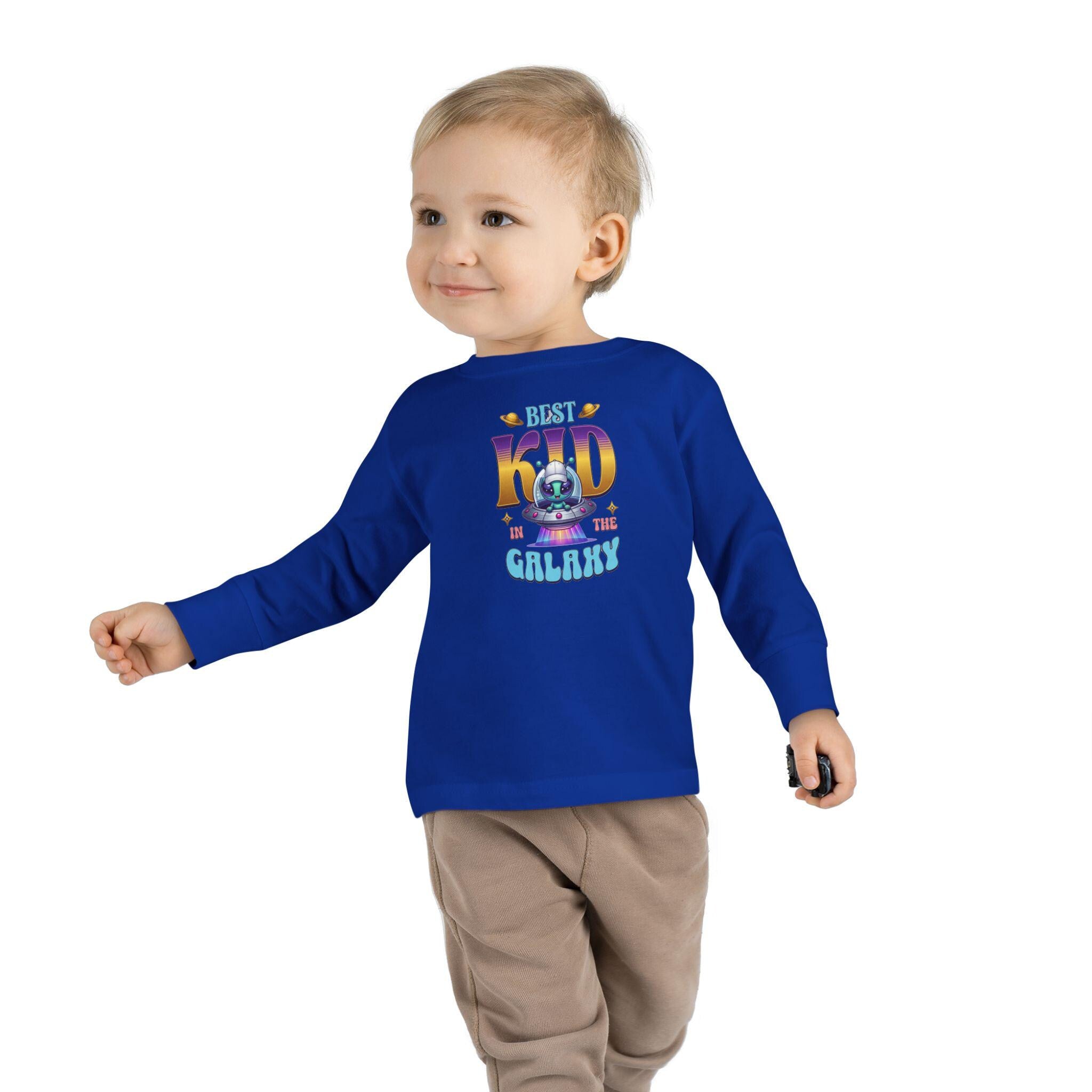 Toddler Long Sleeve Tee | Alien Spaceship Graphic, Retro Playtime Postcard