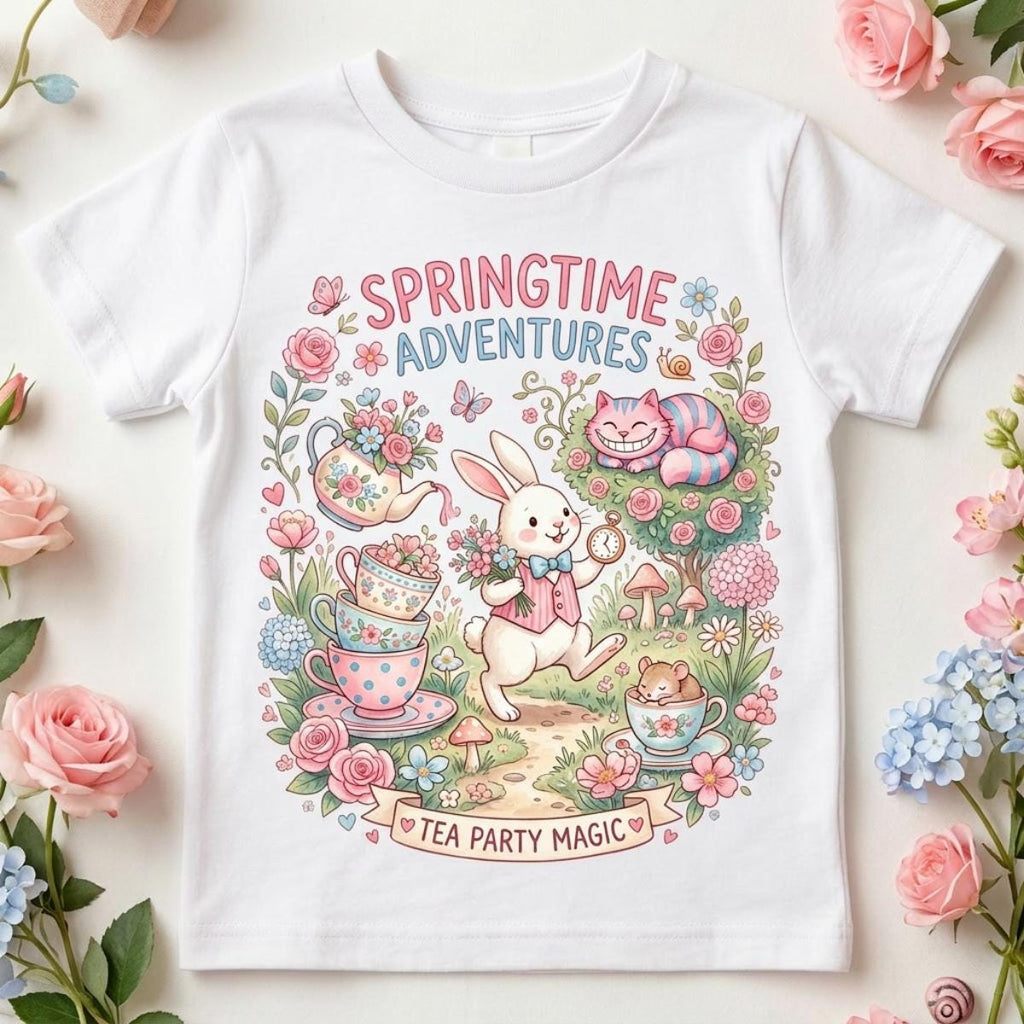 Spring Time Adventures l Tea Party Magic l Floral Alice In Wonderland kids T-Shirt