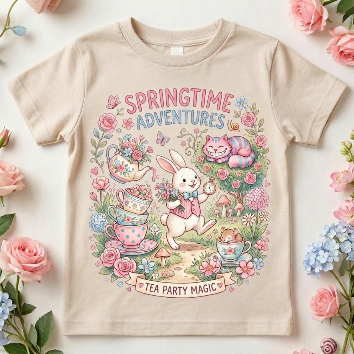 Spring Time Adventures l Tea Party Magic l Floral Alice In Wonderland kids T-Shirt