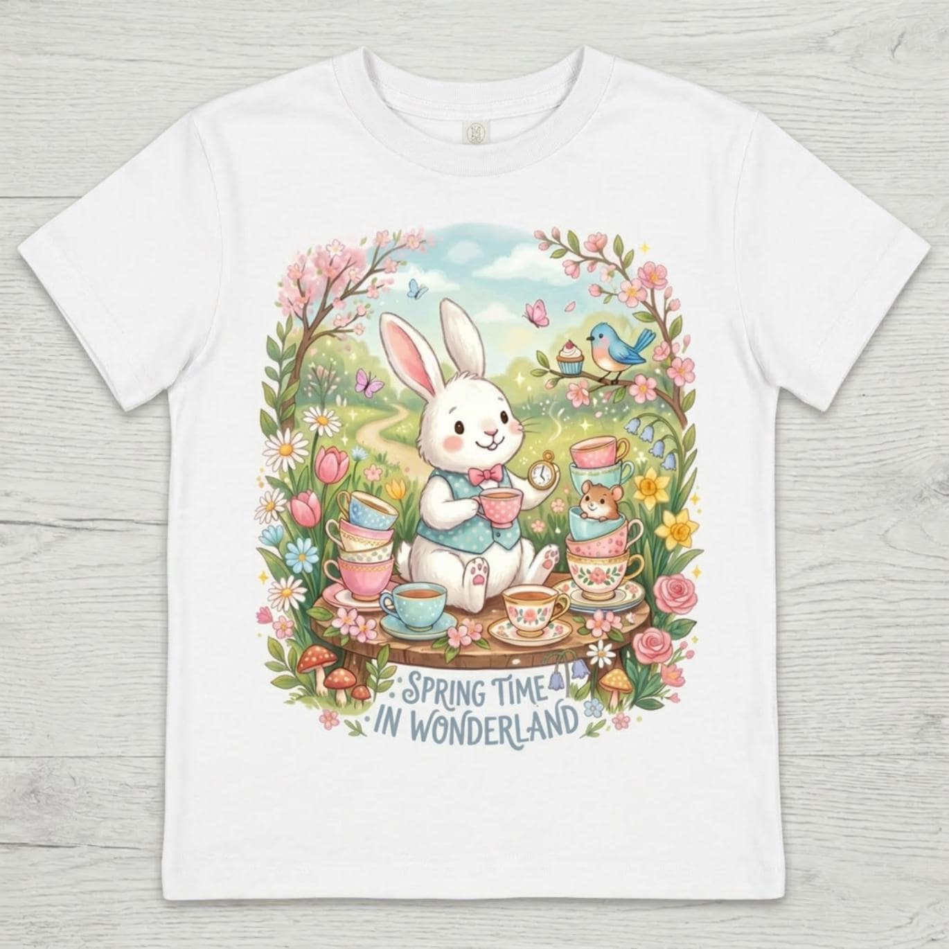 SpringTime In Wonderland l Floral Bunny Kids Graphic Spring T-shirt