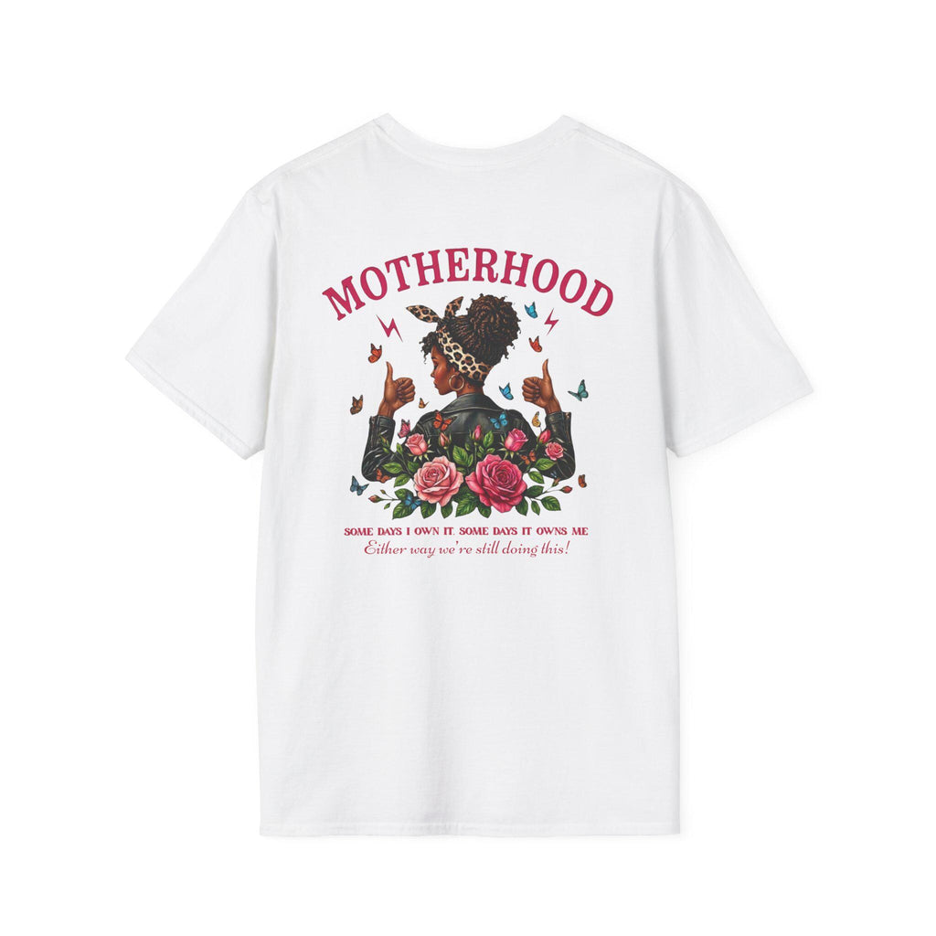 Motherhood graphic T-Shirt | Mom chest print, floral afro woman back design Mother's Day Shirt