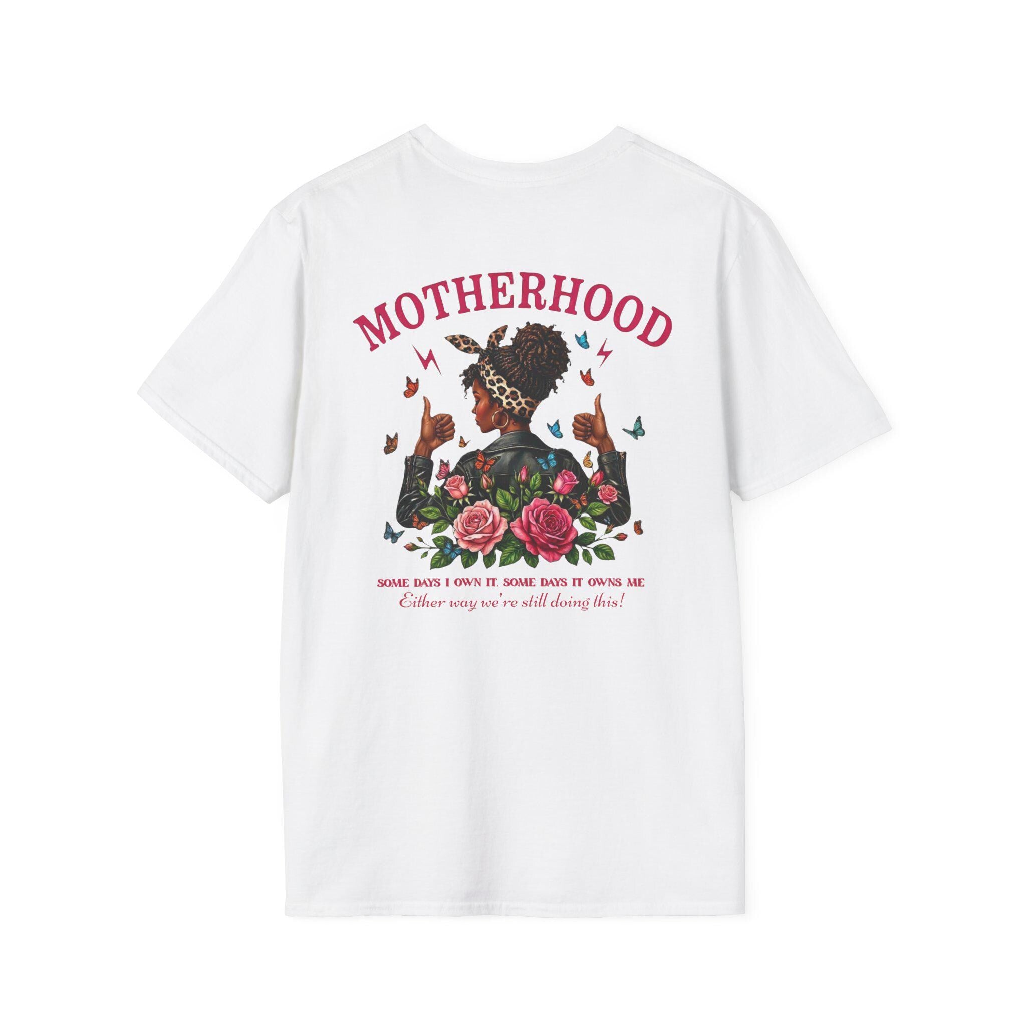Motherhood graphic T-Shirt | Mom chest print, floral afro woman back design Mother's Day Shirt