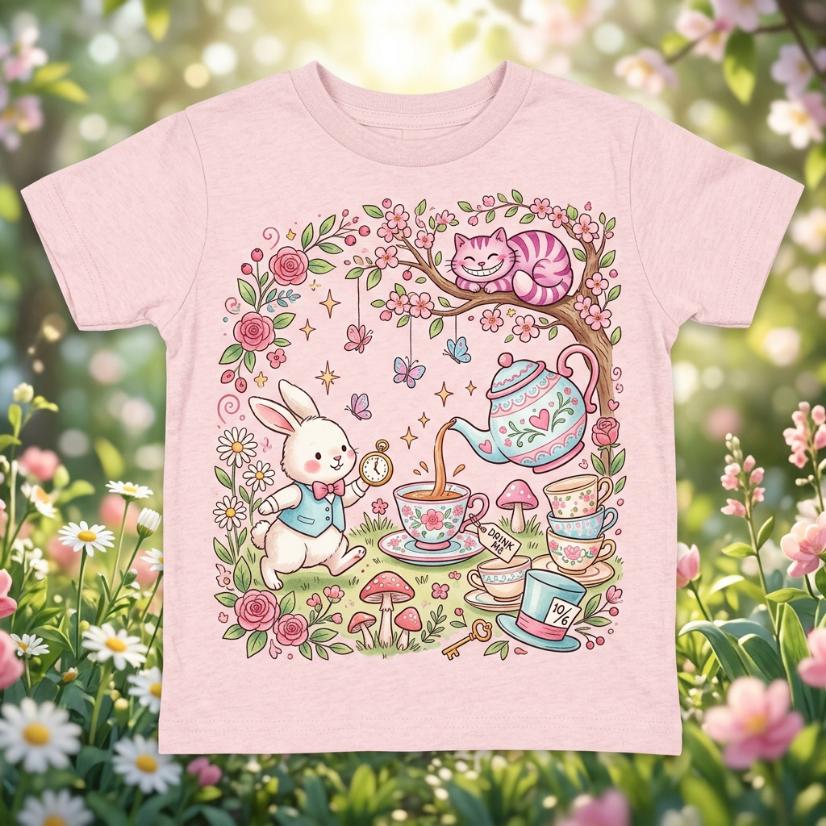 Alice in Wonderland, Bunny & the Tea Cups in a Floral Garden kids graphic Spring T-shirt