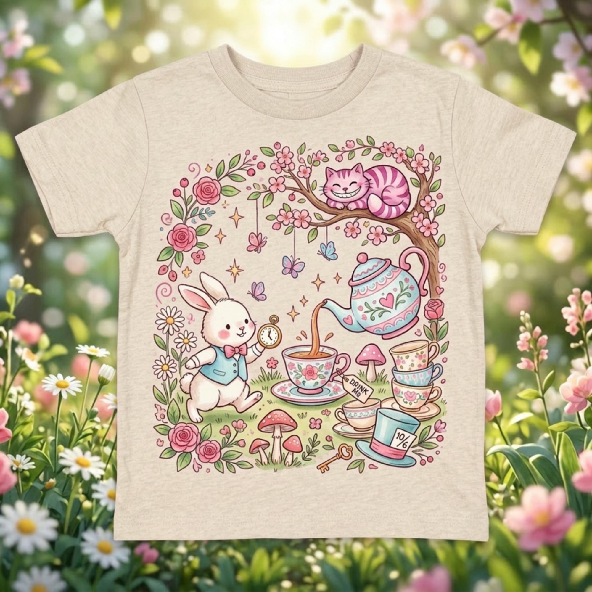 Alice in Wonderland, Bunny & the Tea Cups in a Floral Garden kids graphic Spring T-shirt