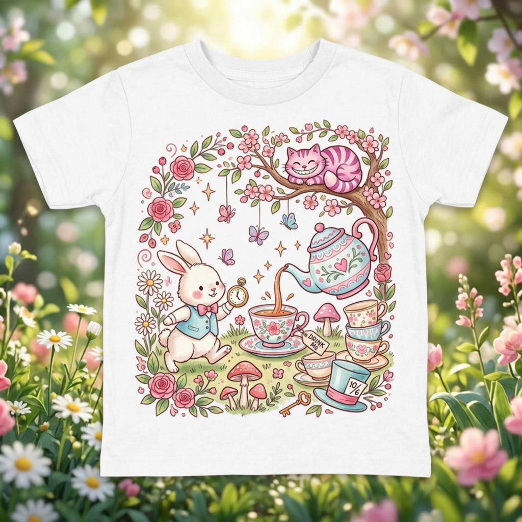 Alice in Wonderland, Bunny & the Tea Cups in a Floral Garden kids graphic Spring T-shirt