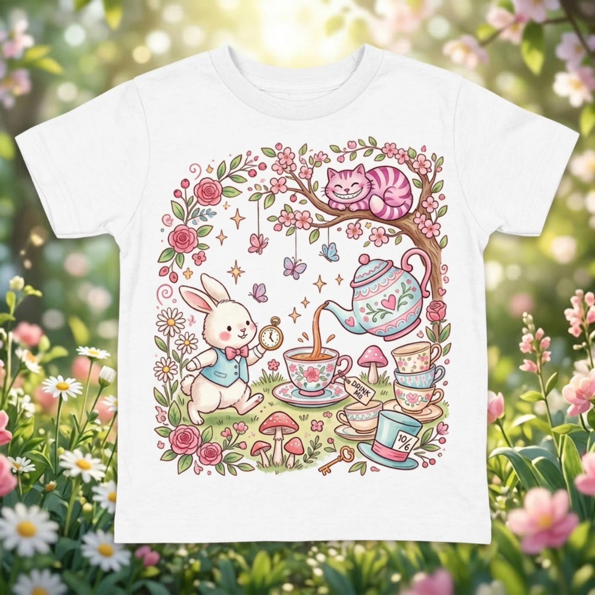 Alice in Wonderland, Bunny & the Tea Cups in a Floral Garden kids graphic Spring T-shirt