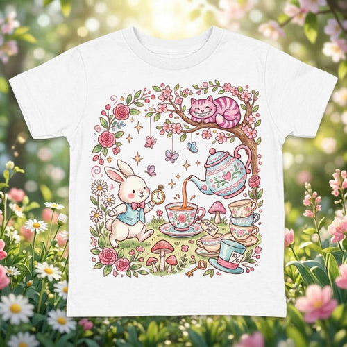 Alice in Wonderland, Bunny & the Tea Cups in a Floral Garden kids graphic Spring T-shirt
