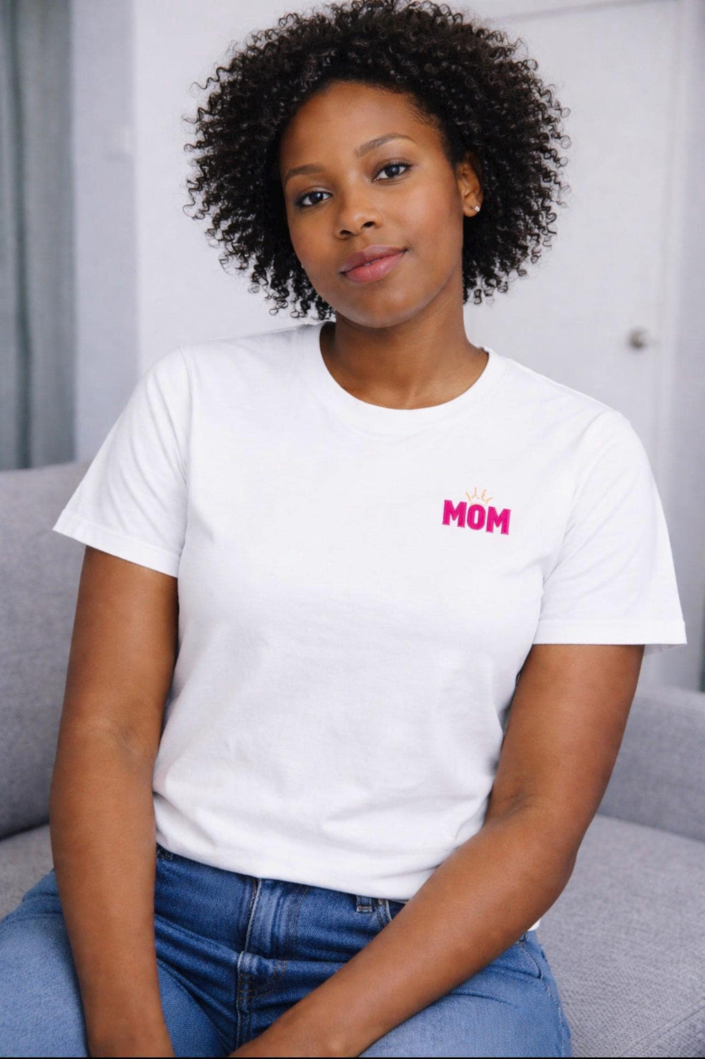 Motherhood graphic T-Shirt | Mom chest print, floral afro woman back design Mother's Day Shirt