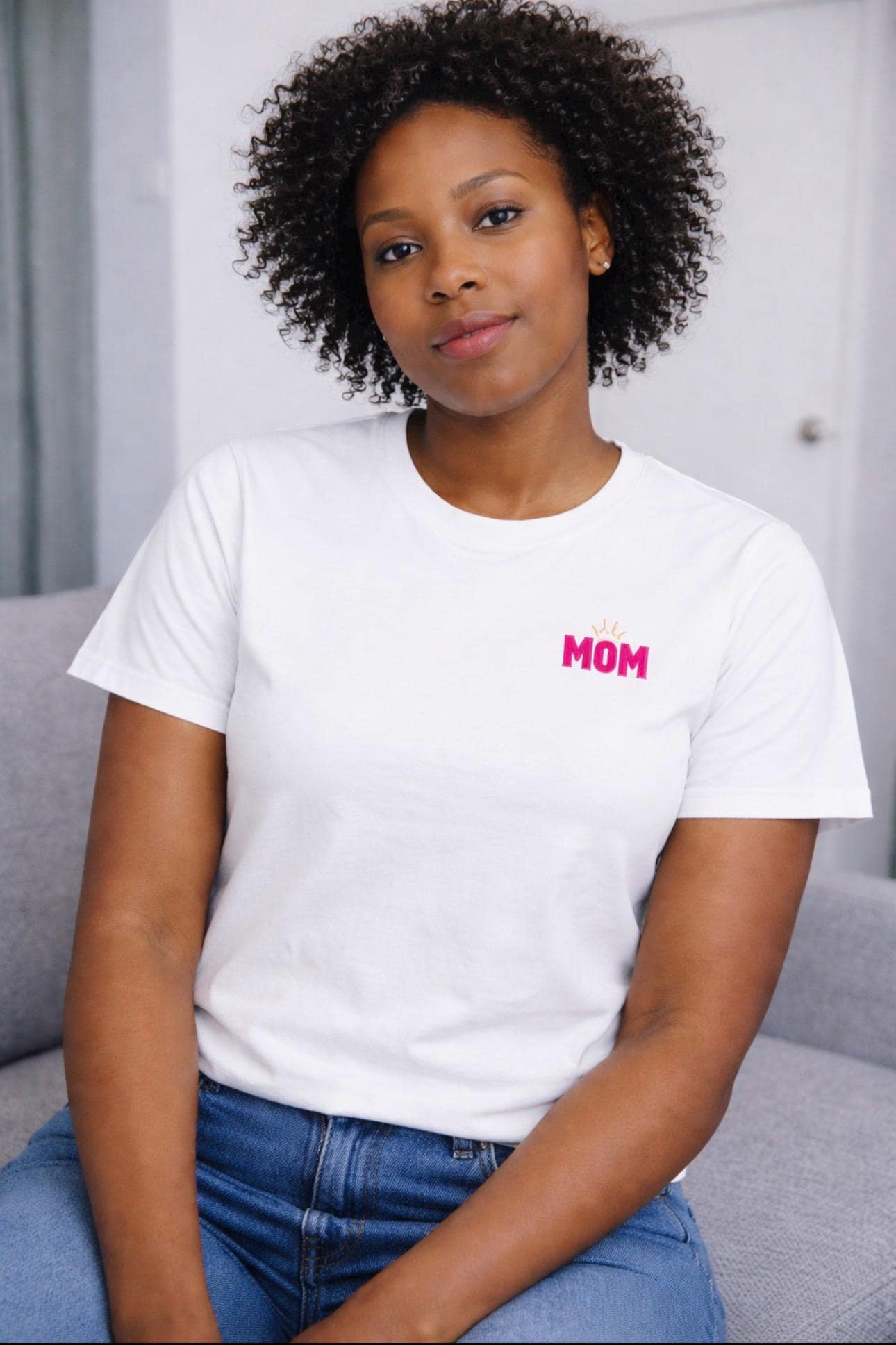 Motherhood graphic T-Shirt | Mom chest print, floral afro woman back design Mother's Day Shirt