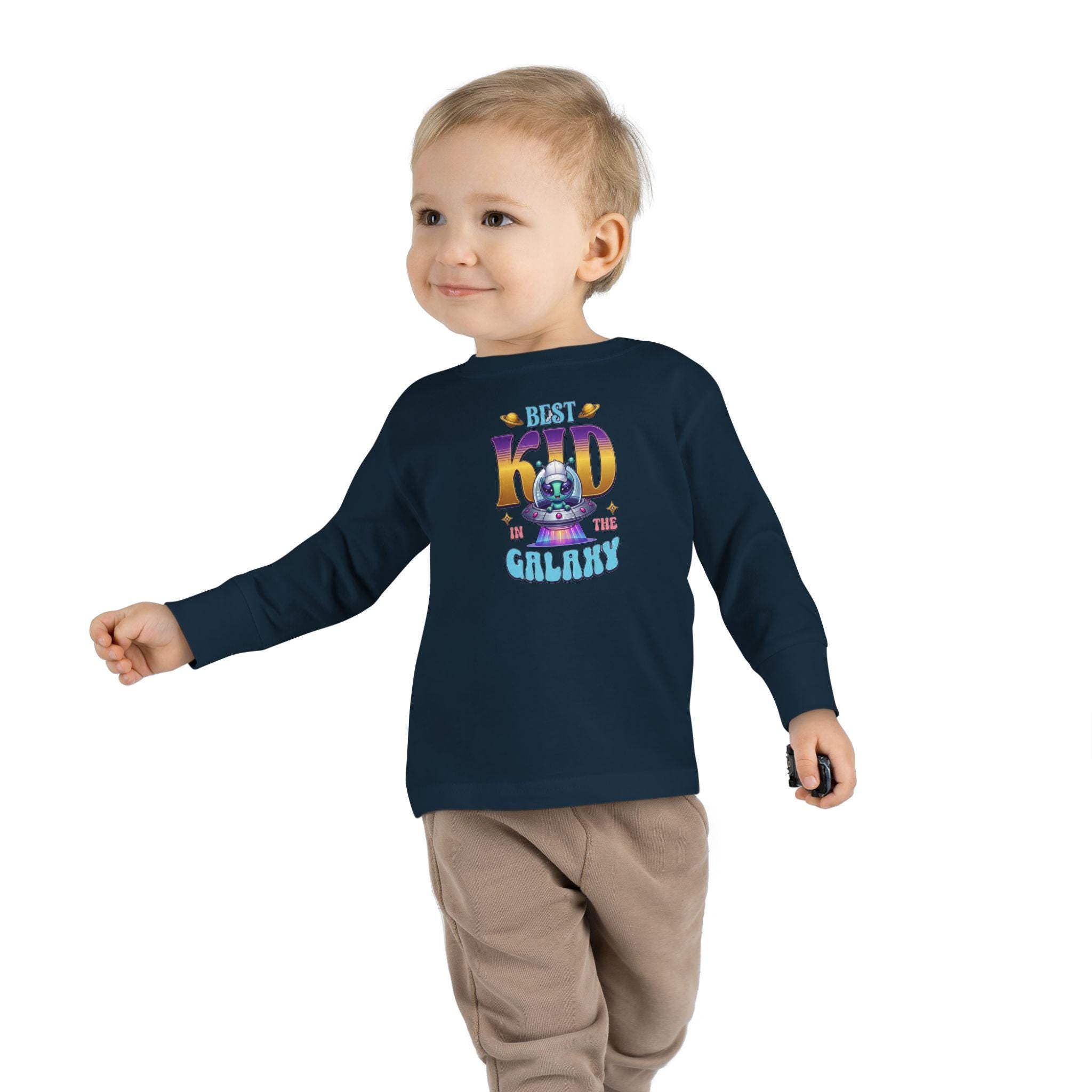 Toddler Long Sleeve Tee | Alien Spaceship Graphic, Retro Playtime Postcard