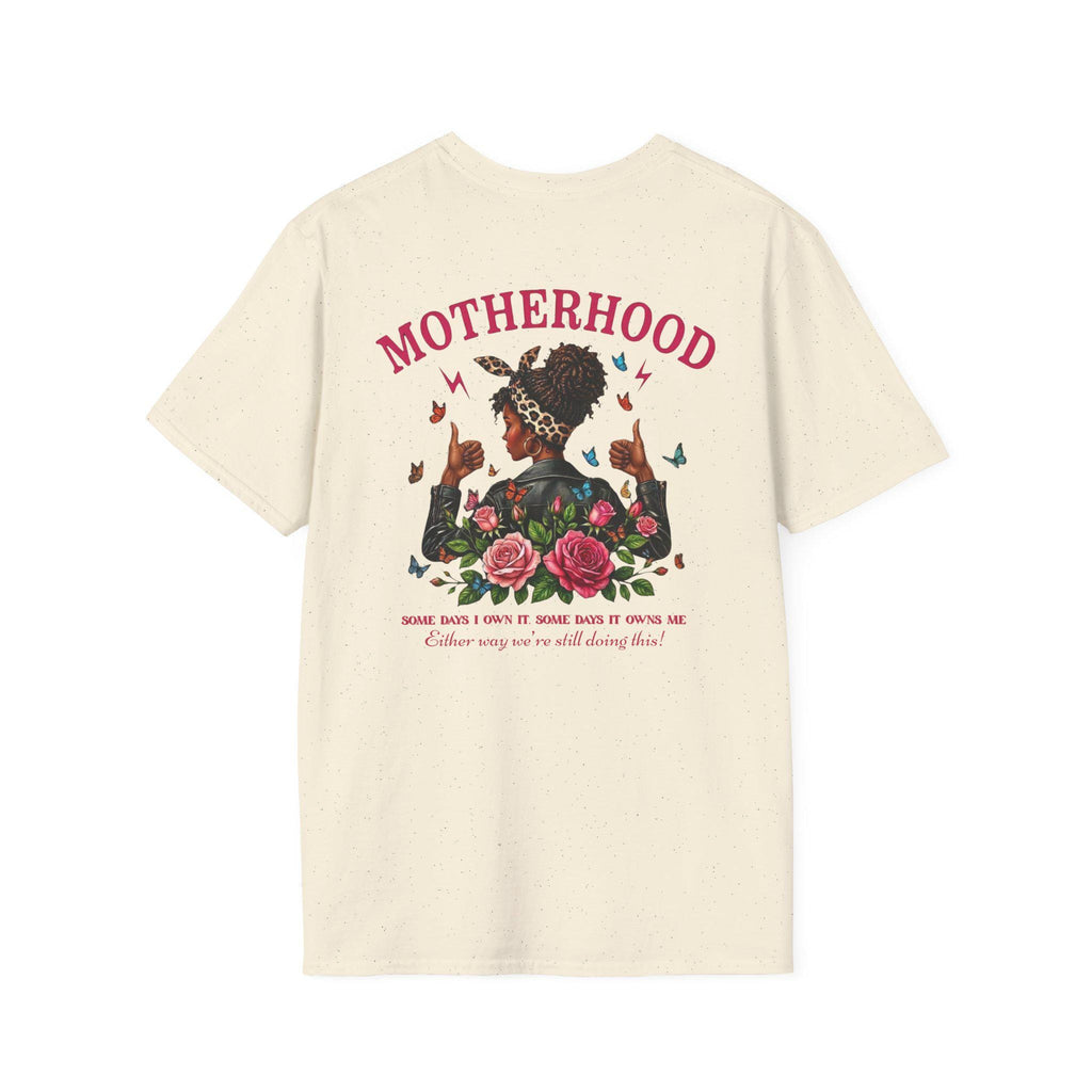 Motherhood graphic T-Shirt | Mom chest print, floral afro woman back design Mother's Day Shirt