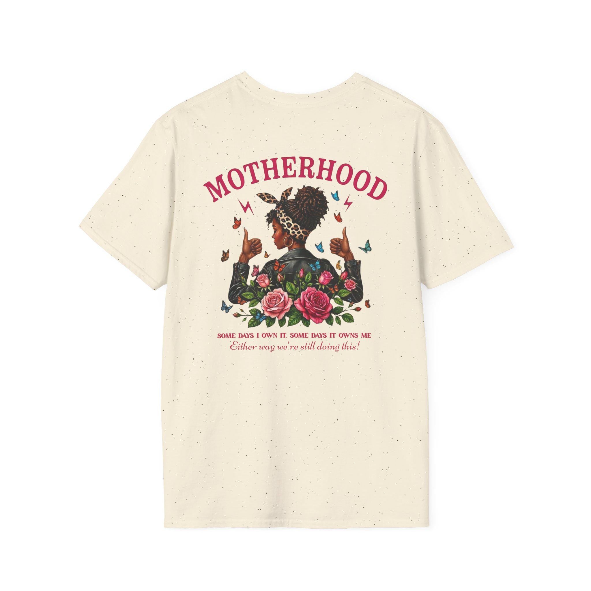 Motherhood graphic T-Shirt | Mom chest print, floral afro woman back design Mother's Day Shirt