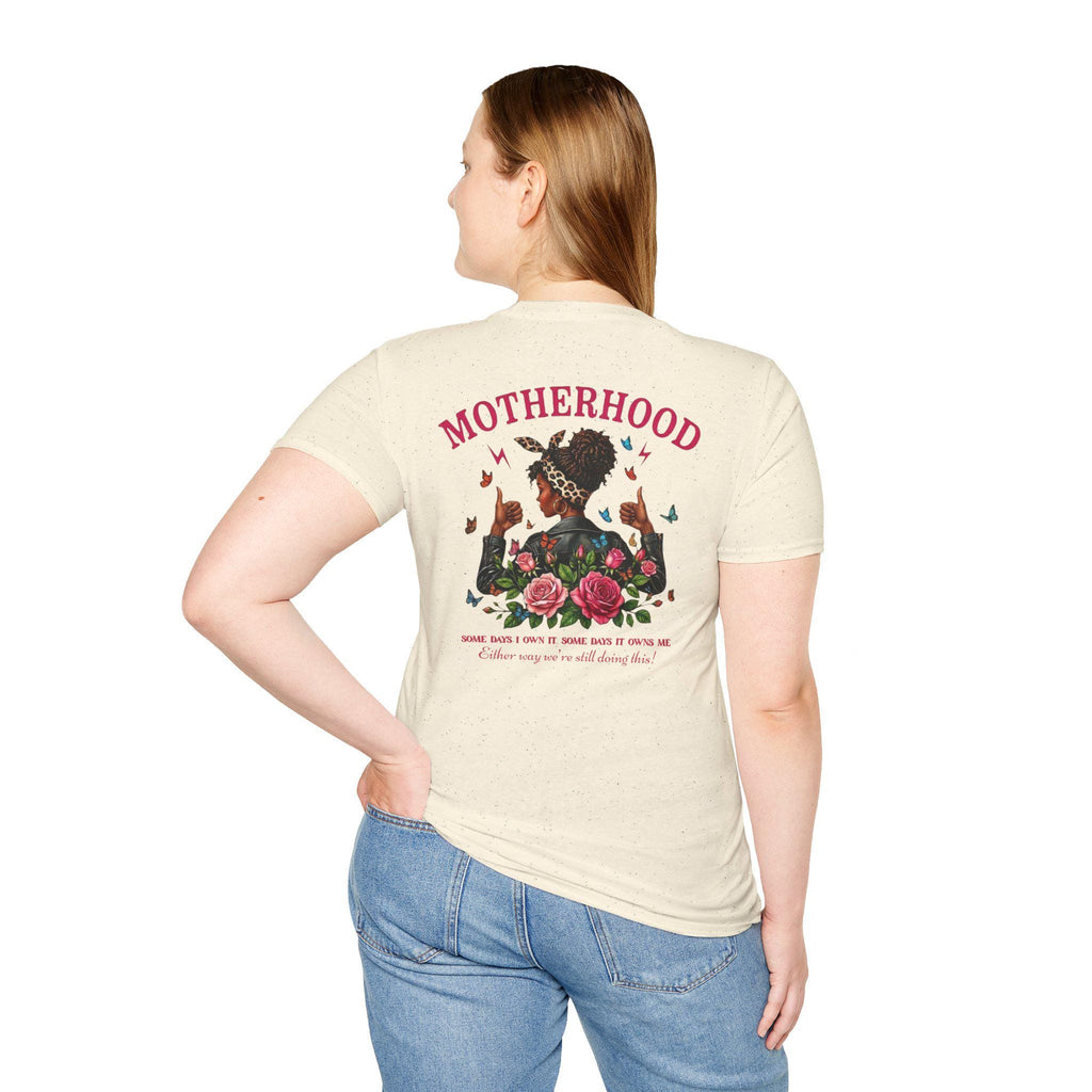 Motherhood graphic T-Shirt | Mom chest print, floral afro woman back design Mother's Day Shirt