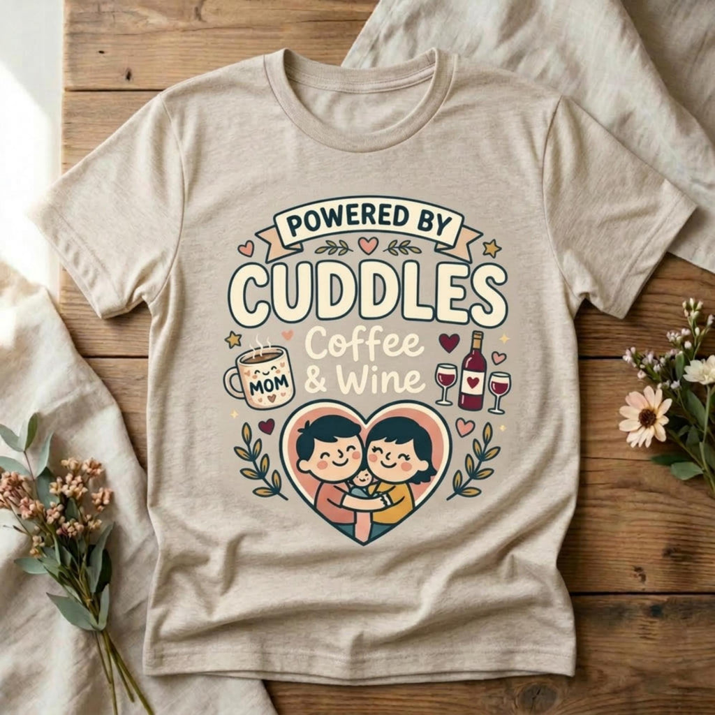 Powered By Cuddles, Coffee & Wine Women Mother's Day Mom T-shirt