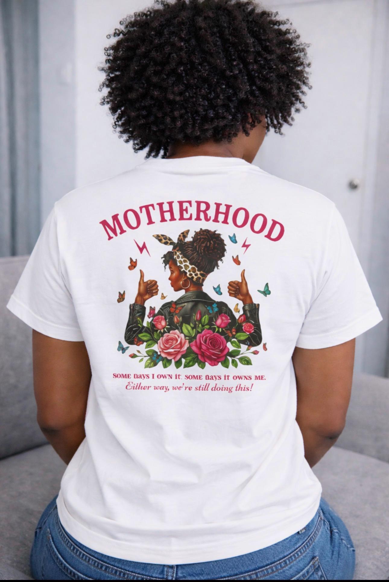 Motherhood graphic T-Shirt | Mom chest print, floral afro woman back design Mother's Day Shirt