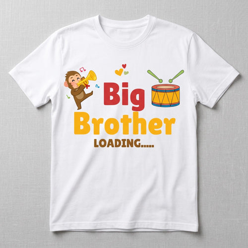 May include: White t-shirt with a colorful graphic design. The design features a cartoon monkey playing a trumpet, a drum, and the text "Big Brother LOADING....." in red and yellow. Hearts are also included.