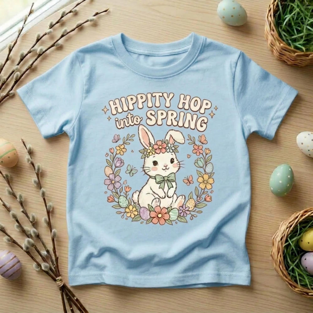 May include: Light blue t-shirt featuring a graphic of a white bunny wearing a floral crown, surrounded by flowers and butterflies. The text "HIPPITY HOP into SPRING" is arched above the bunny. Easter-themed apparel.