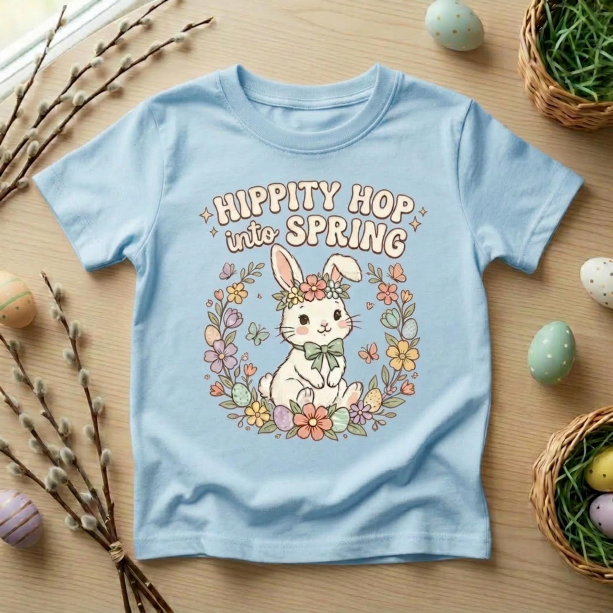 May include: Light blue t-shirt featuring a graphic of a white bunny wearing a floral crown, surrounded by flowers and butterflies. The text "HIPPITY HOP into SPRING" is arched above the bunny. Easter-themed apparel.