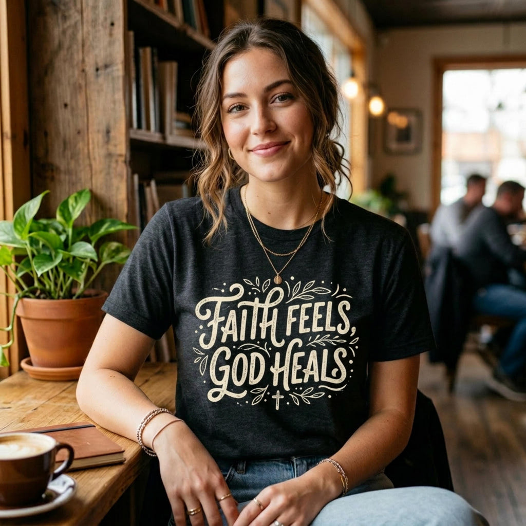 Faith Feels God Heals Christian Unisex T-Shirt, Bible Verse Religious Tee
