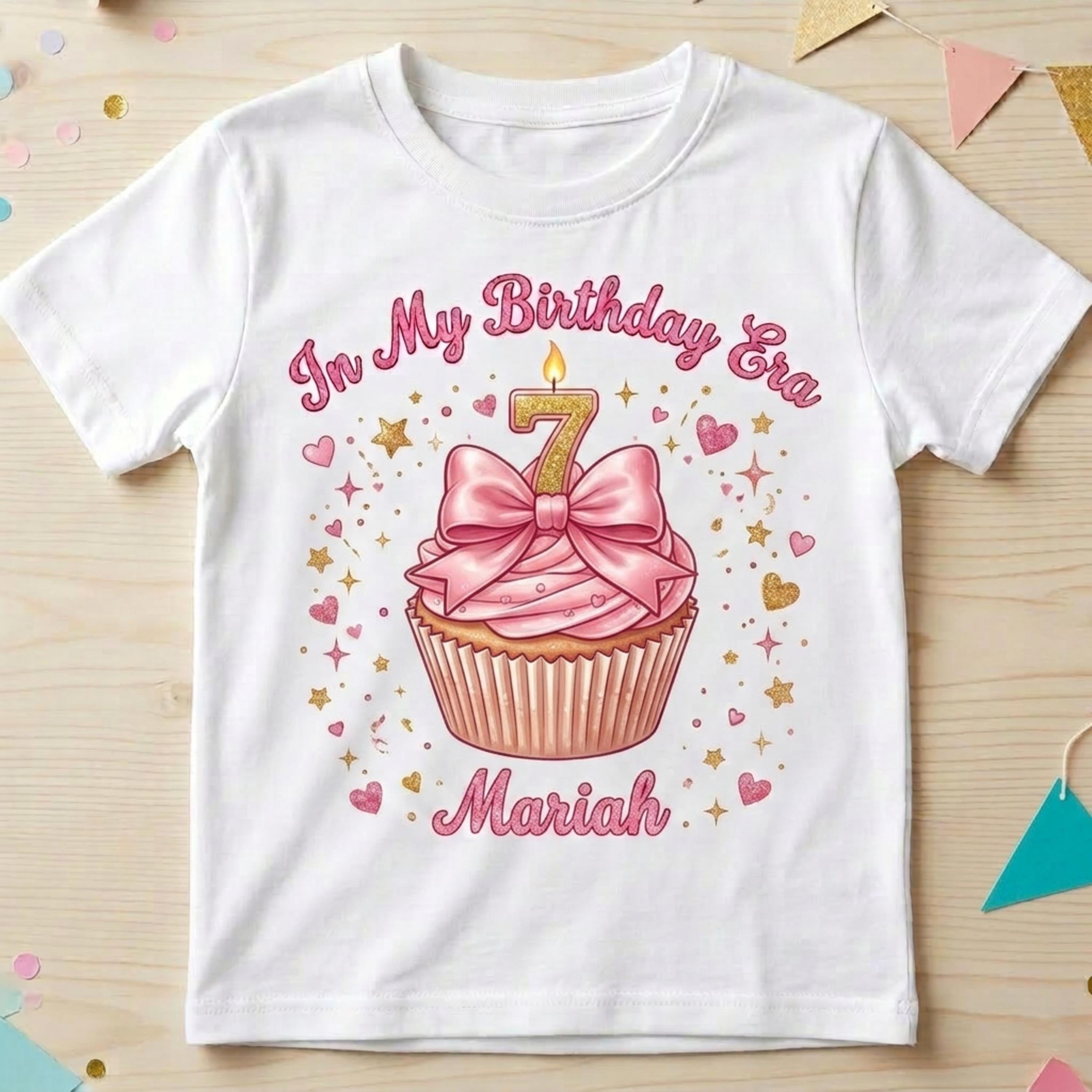 Personalized "In My Birthday Era" Birthday Cupcake T-Shirt, Girl Bow Tee