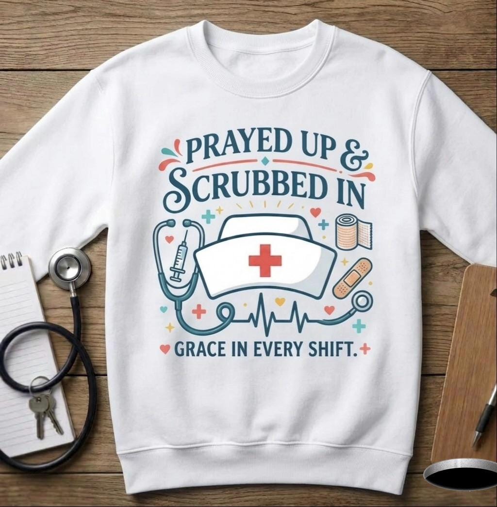 Christian Nurse Unisex T-Shirt Prayed Up & Scrubbed In, Faith RN Sweartshirt, Nurse Week Gift, Religious Long-Sleeve Tee Nurse Appreciation