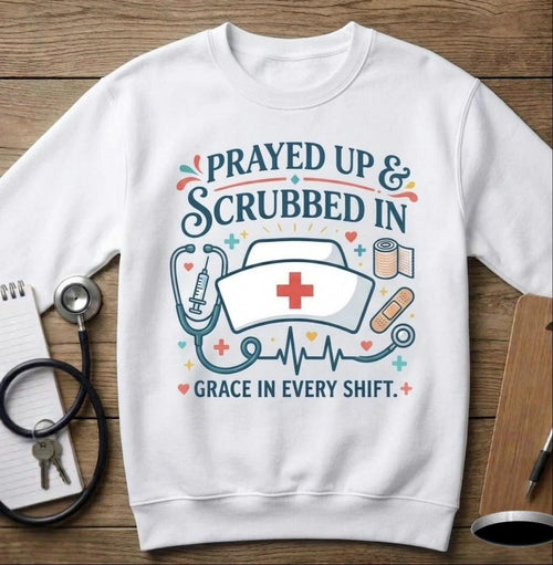 Christian Nurse Unisex T-Shirt Prayed Up & Scrubbed In, Faith RN Sweartshirt, Nurse Week Gift, Religious Long-Sleeve Tee Nurse Appreciation
