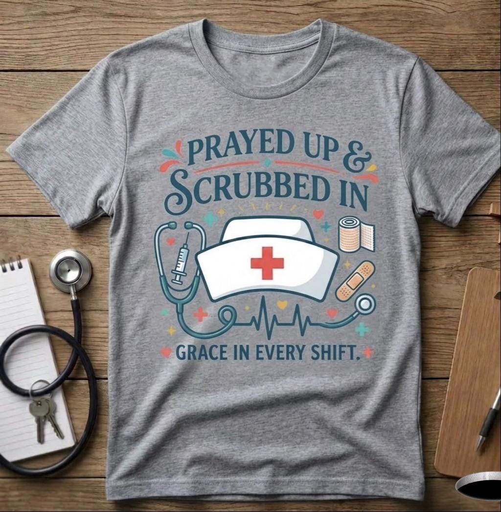 Christian Nurse Unisex T-Shirt Prayed Up & Scrubbed In, Faith RN Sweartshirt, Nurse Week Gift, Religious Long-Sleeve Tee Nurse Appreciation
