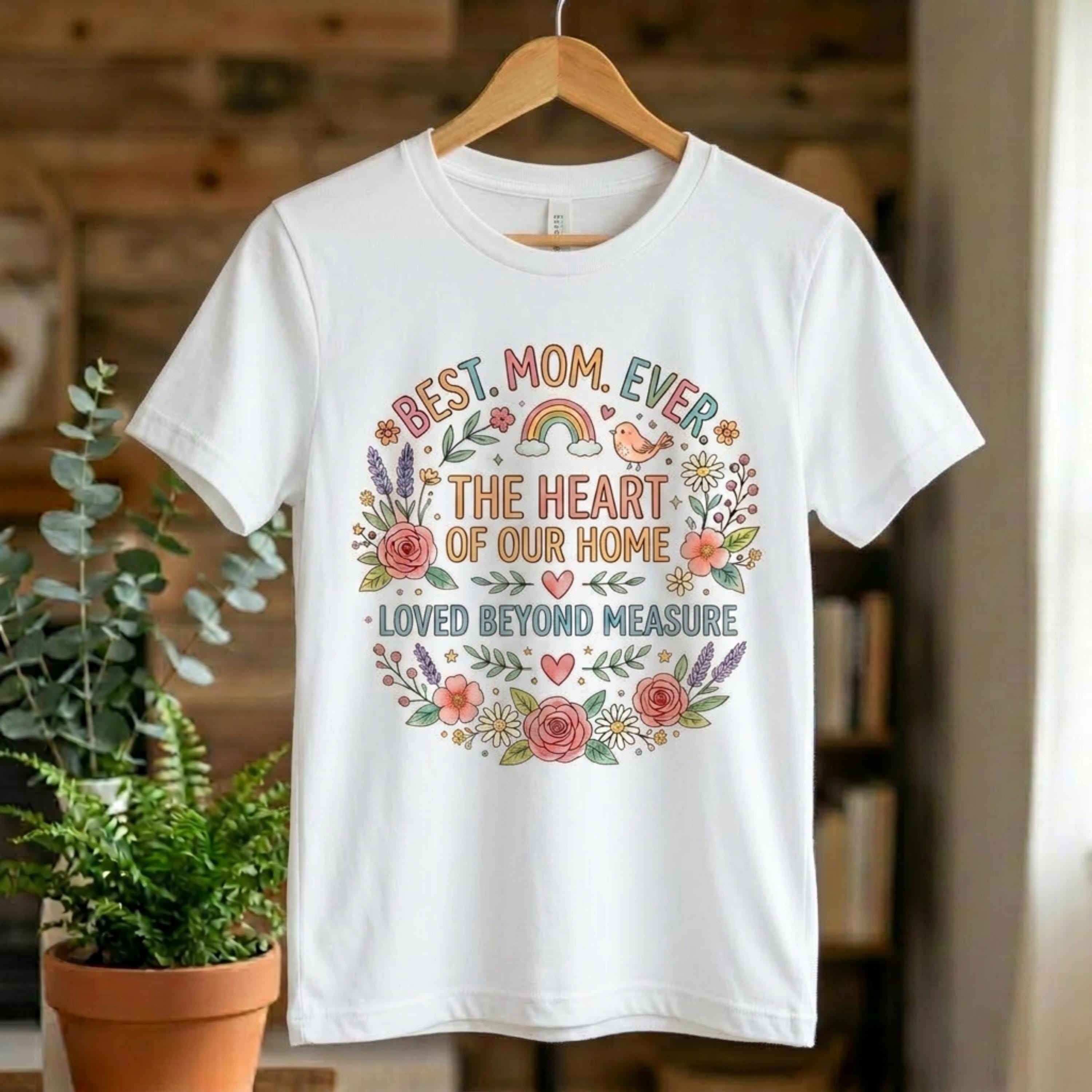 Floral Wreath Best Mom Ever Women's T-Shirt, The Heart of Our Home, Loved Beyond Measure Tee