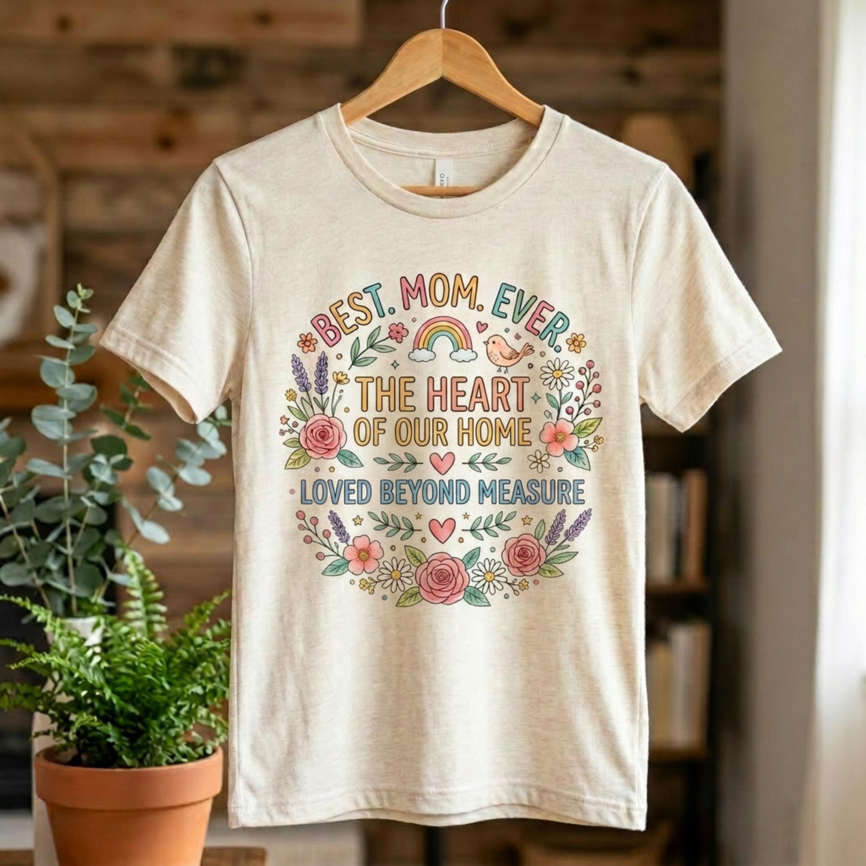 Floral Wreath Best Mom Ever Women's T-Shirt, The Heart of Our Home, Loved Beyond Measure Tee