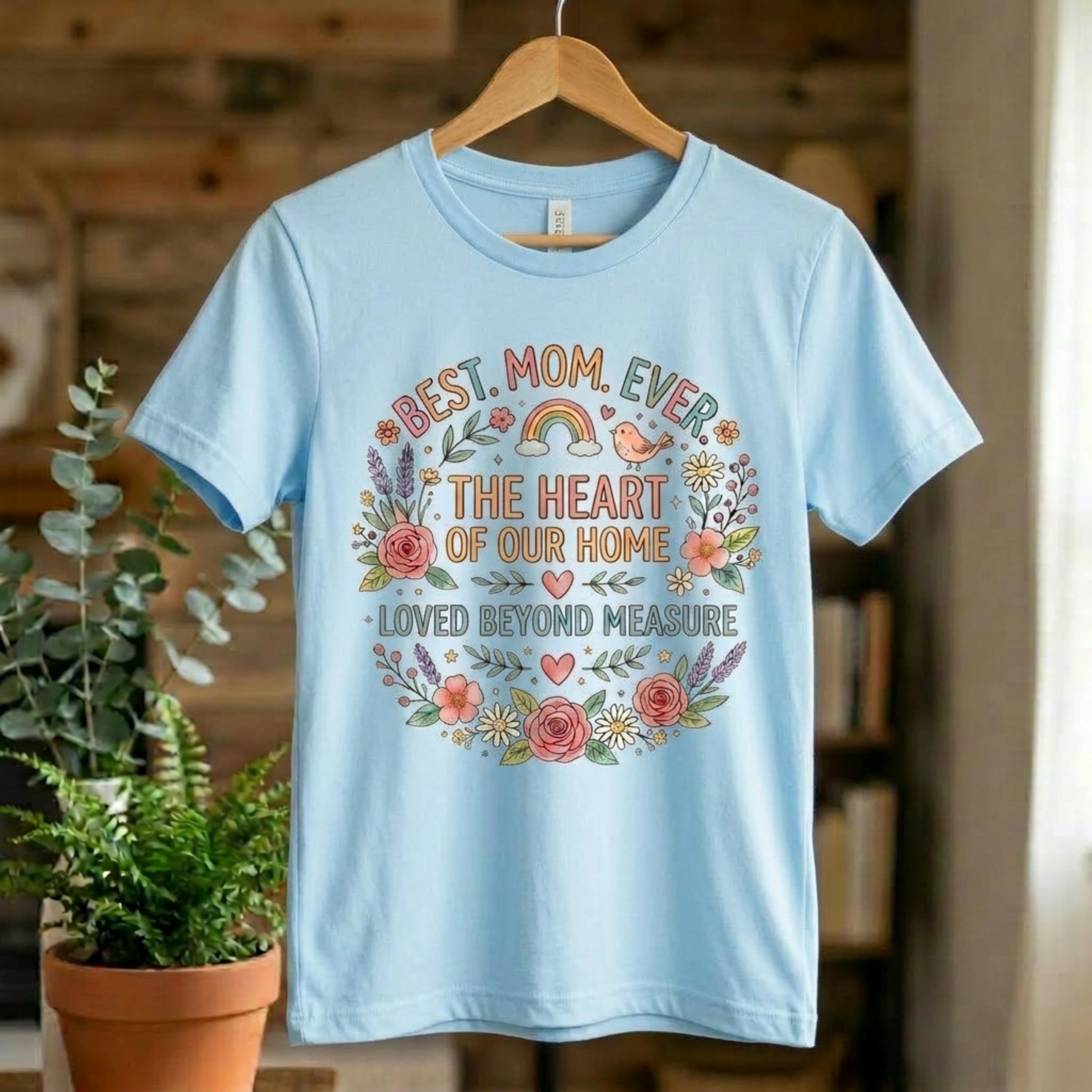 Floral Wreath Best Mom Ever Women's T-Shirt, The Heart of Our Home, Loved Beyond Measure Tee